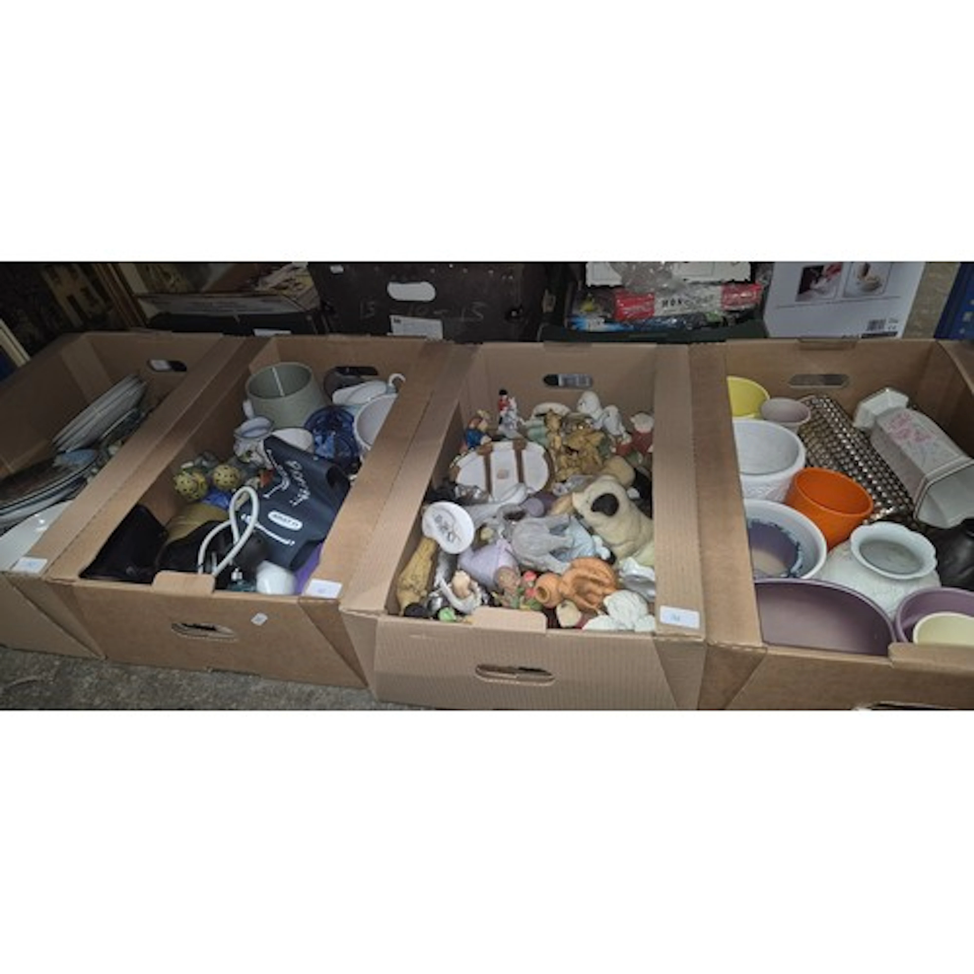 8 boxes of mixed items (2 rows on floor) including glass war...