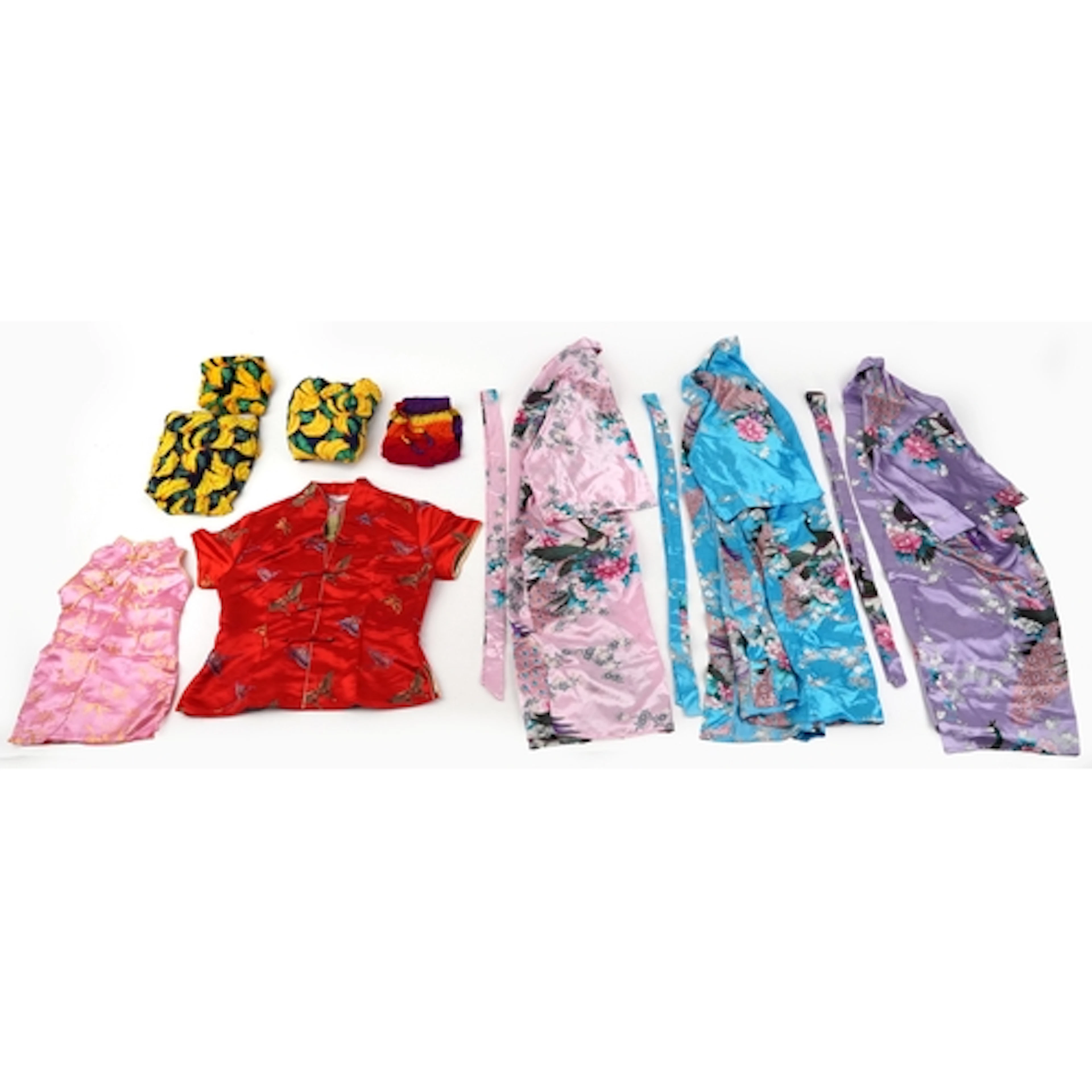Three Chinese silk kimonos decorated with flowers and peacoc...