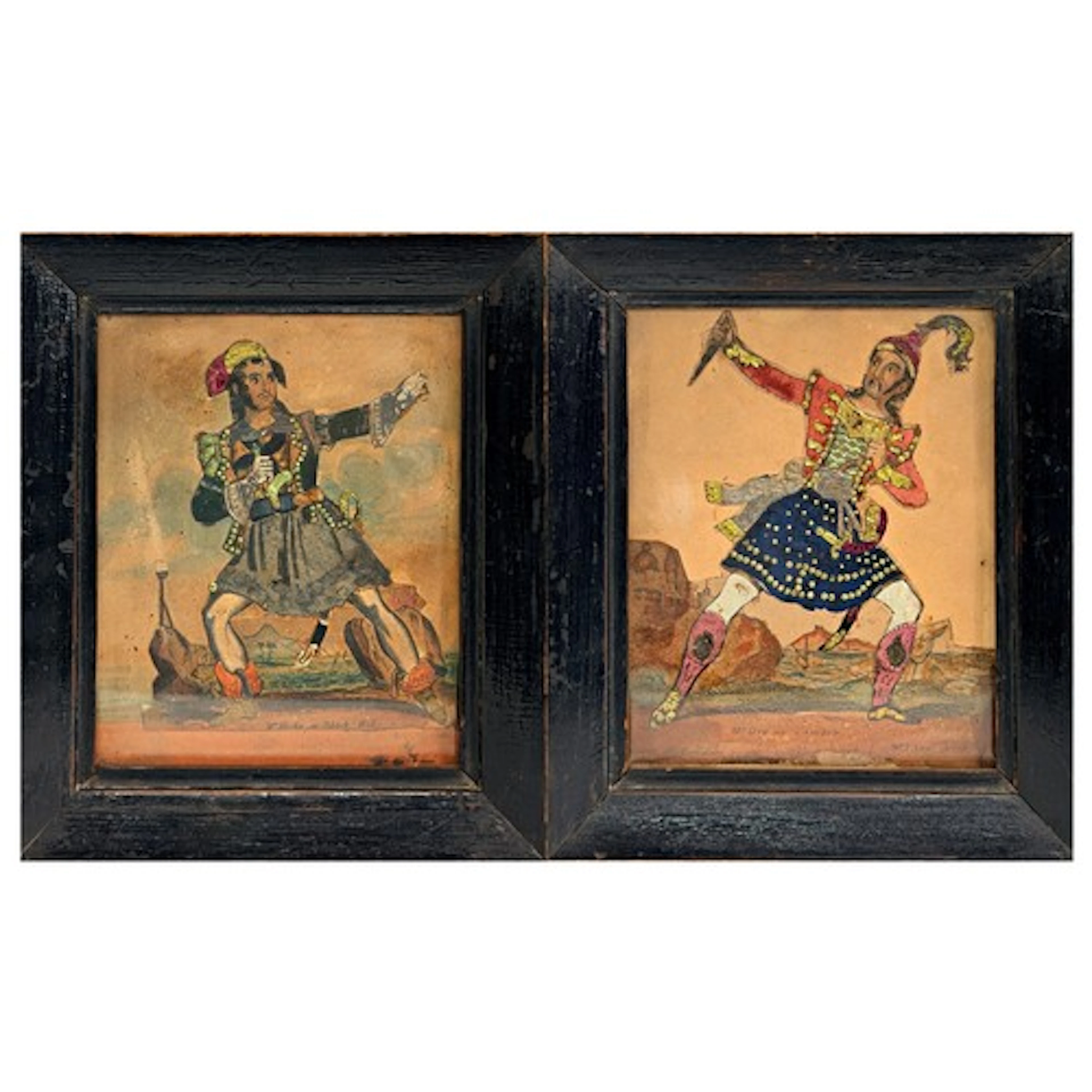 A pair of 19th century theatrical tinsel prints, depicting M...