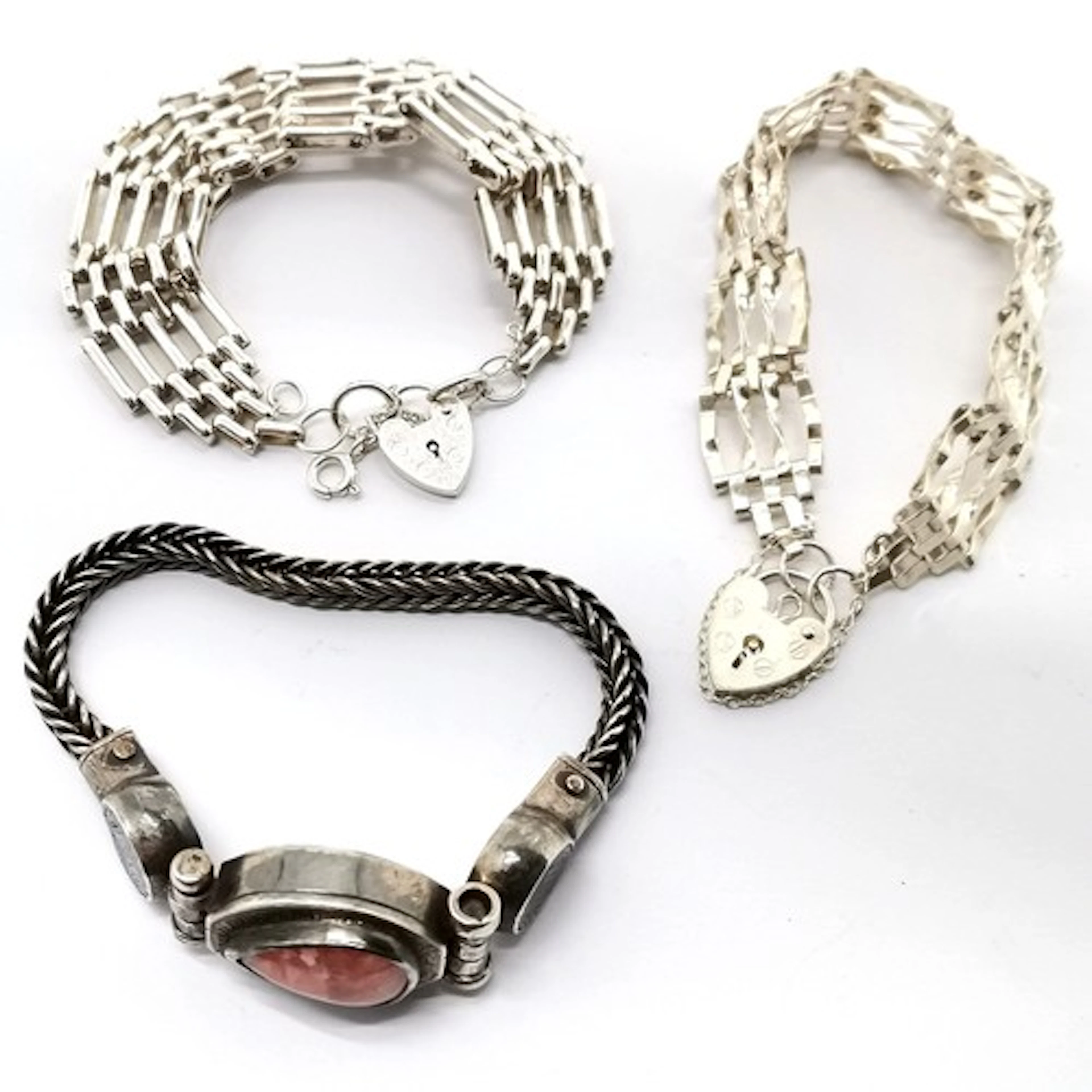 3 x silver bracelets - 900 silver set with rhodochrosite (?)...