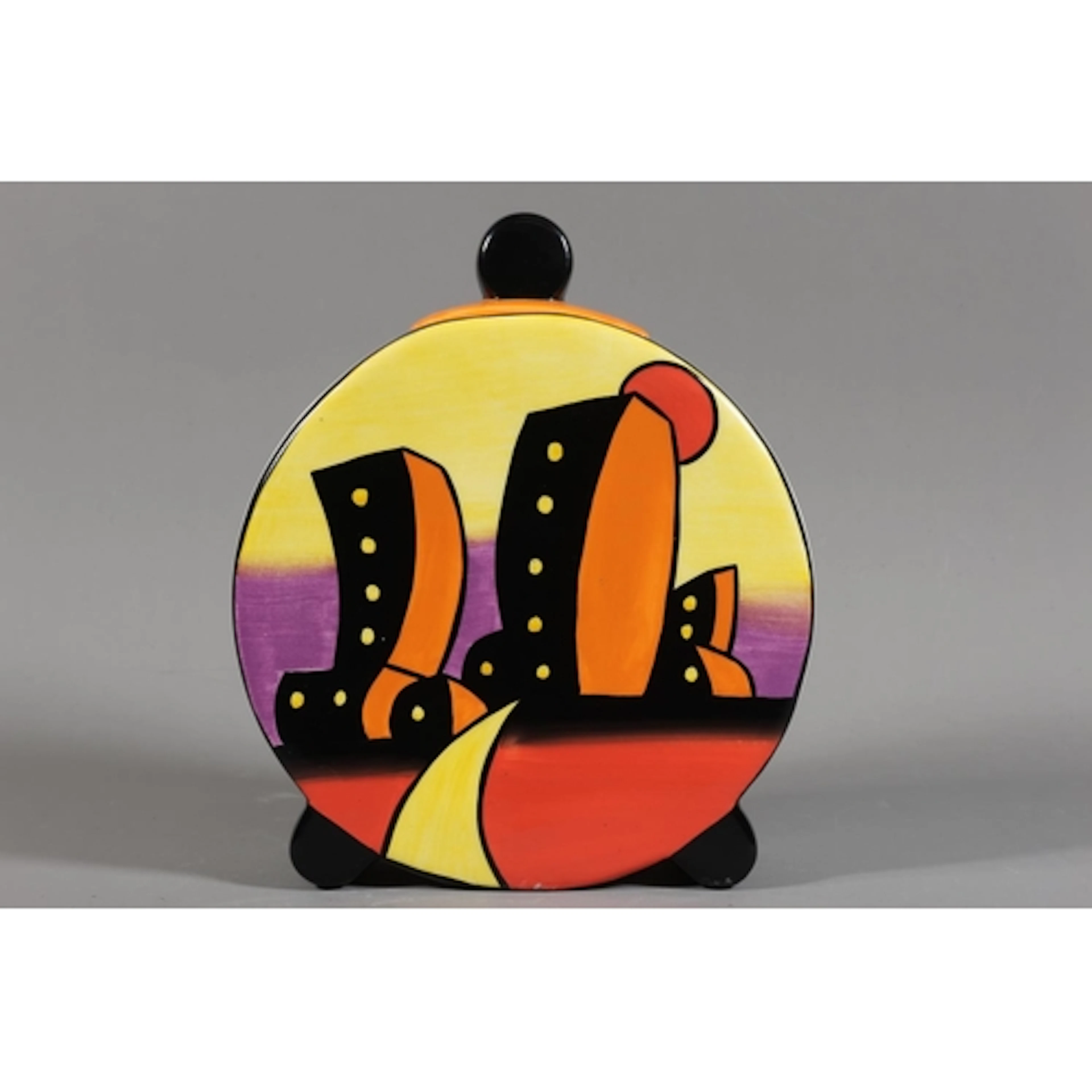 Lorna Bailey Manhatten pattern disc shaped lidded vase, prod...