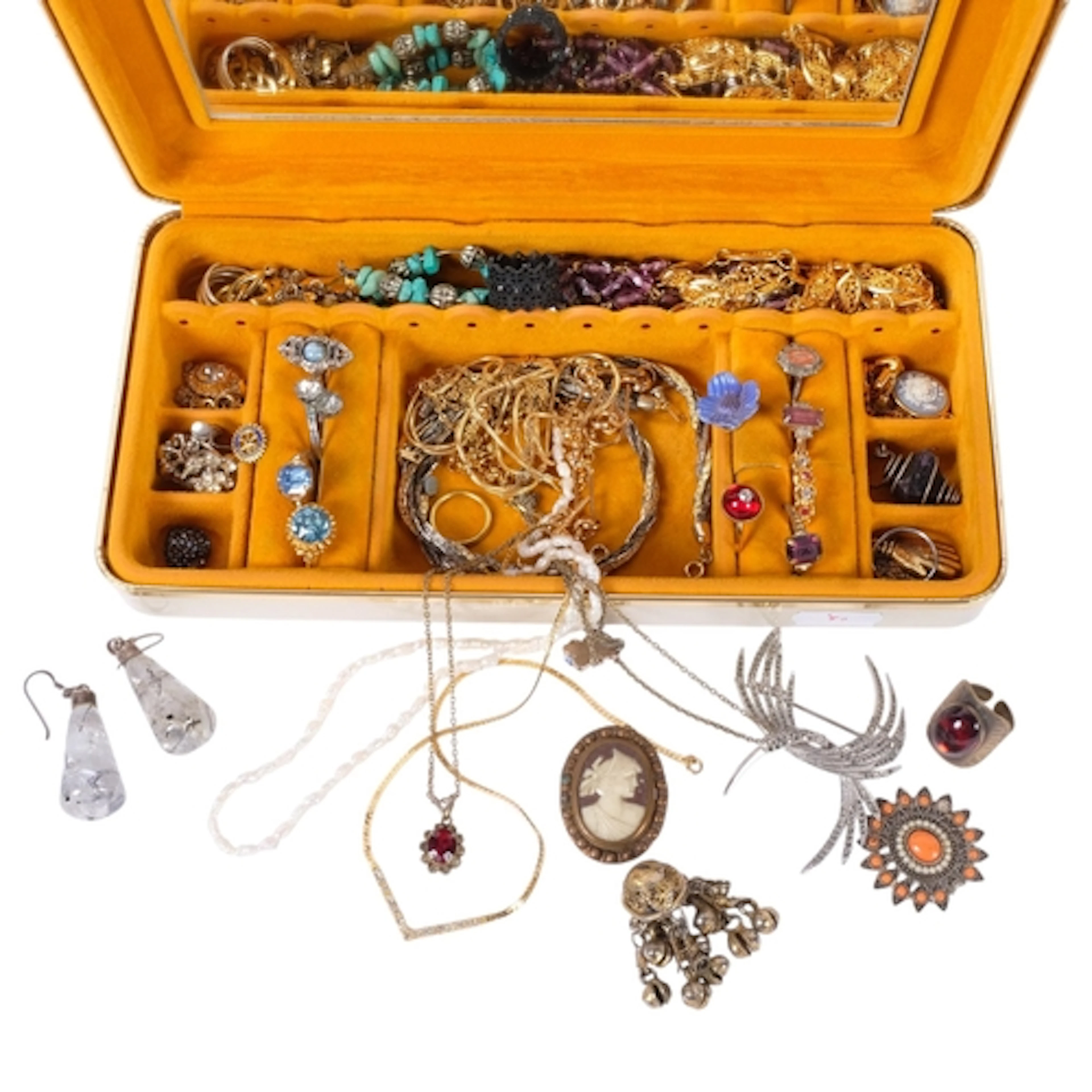 A box containing an assortment of costume jewellery, includi...