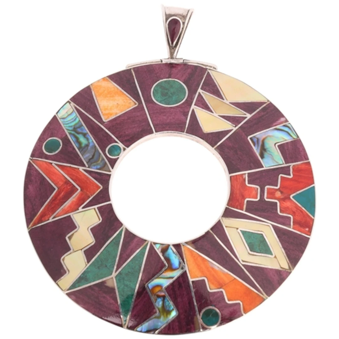 A large Peruvian 950 silver mosaic Inca calendar pendant, ci...