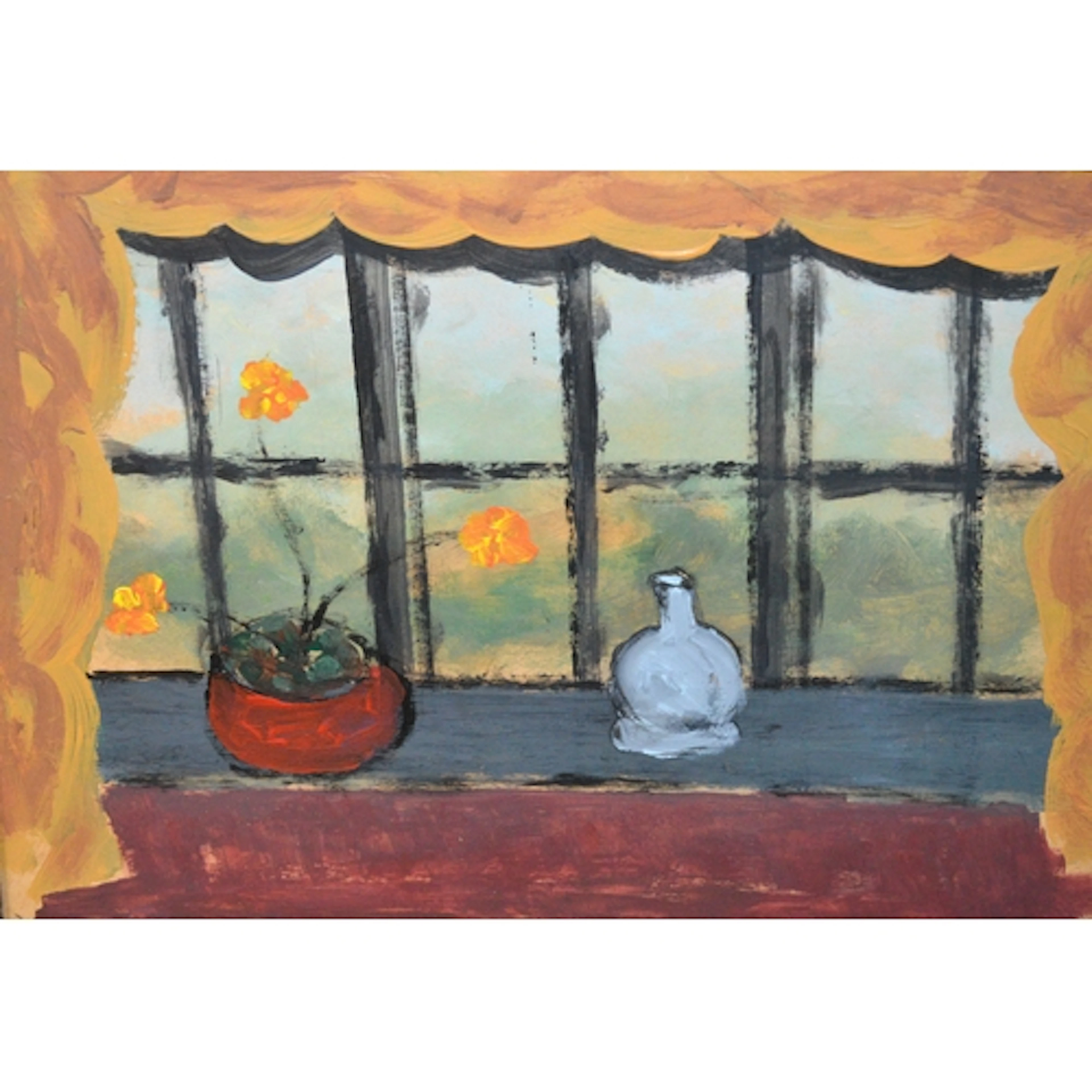 Naive style mixed media painting, still life with a pot of f...