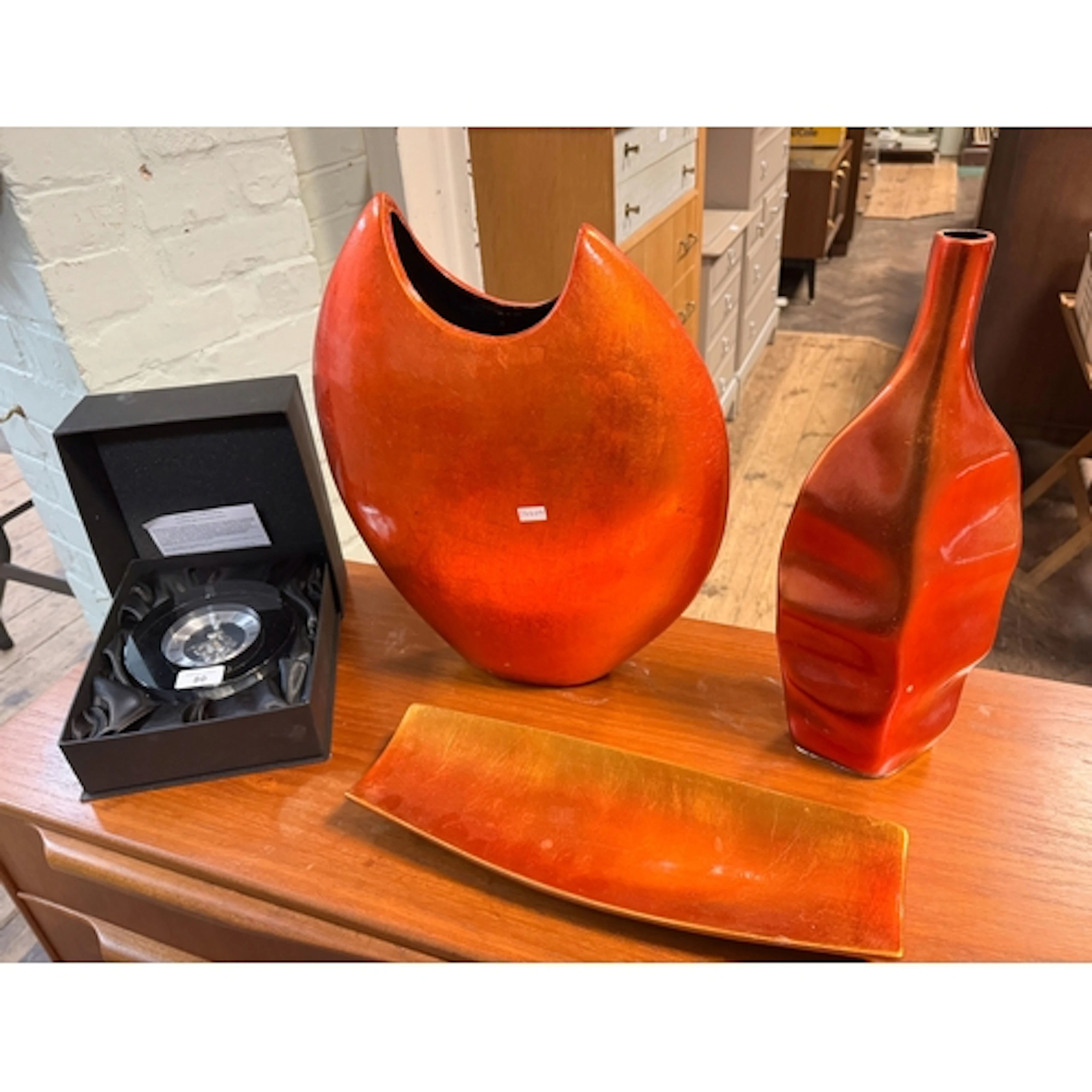 Large modern orange lustre vases and a Dartington glass cloc...