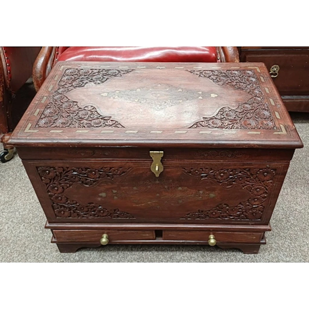 EASTERN HARDWOOD TRUNK WITH DECORATIVE BRASS INLAY & FITTING...