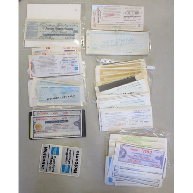American Express. Collection of various traveller's cheques ...