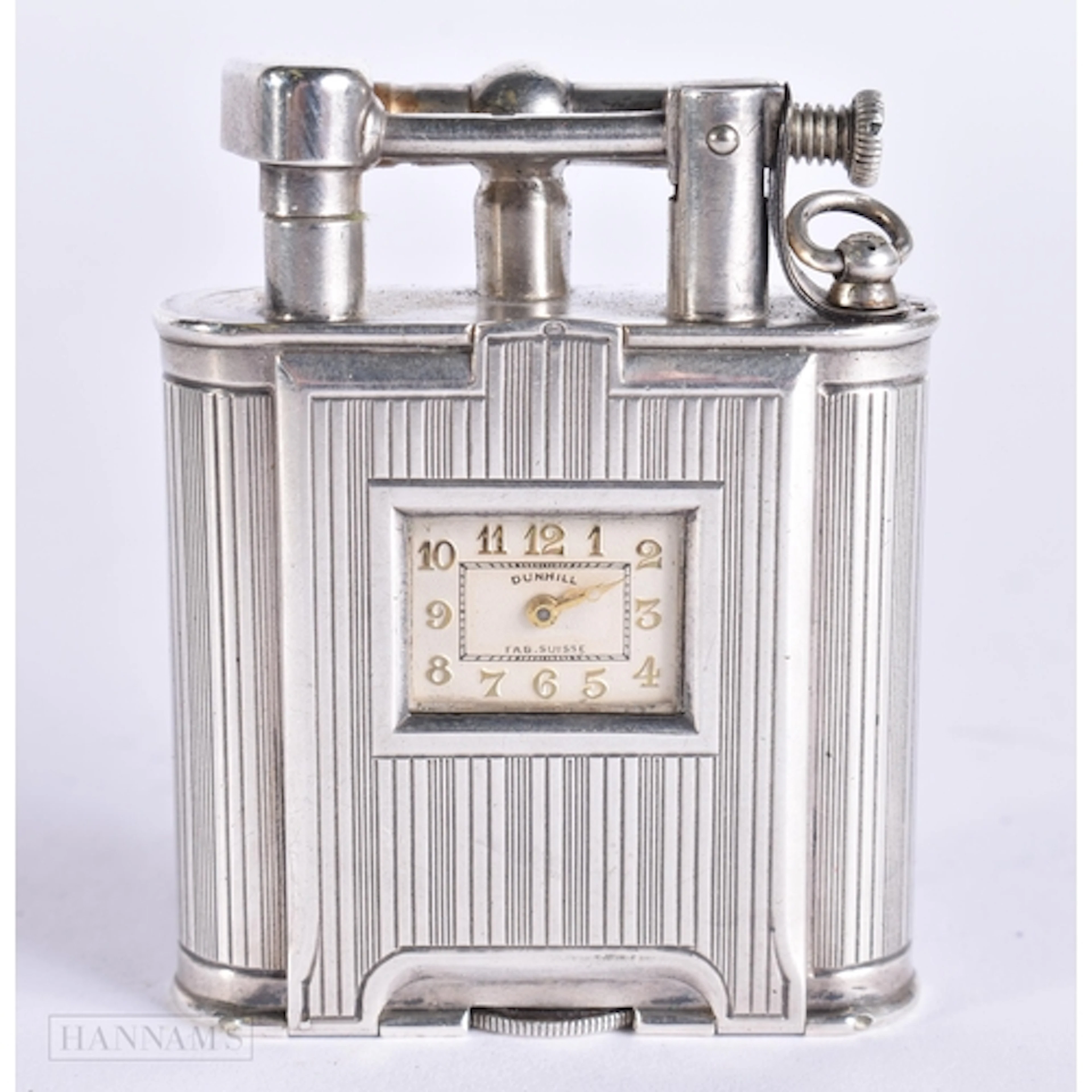 A RARE ART DECO DUNHILL SILVER CLOCK LIGHTER. 5.5 cm high.