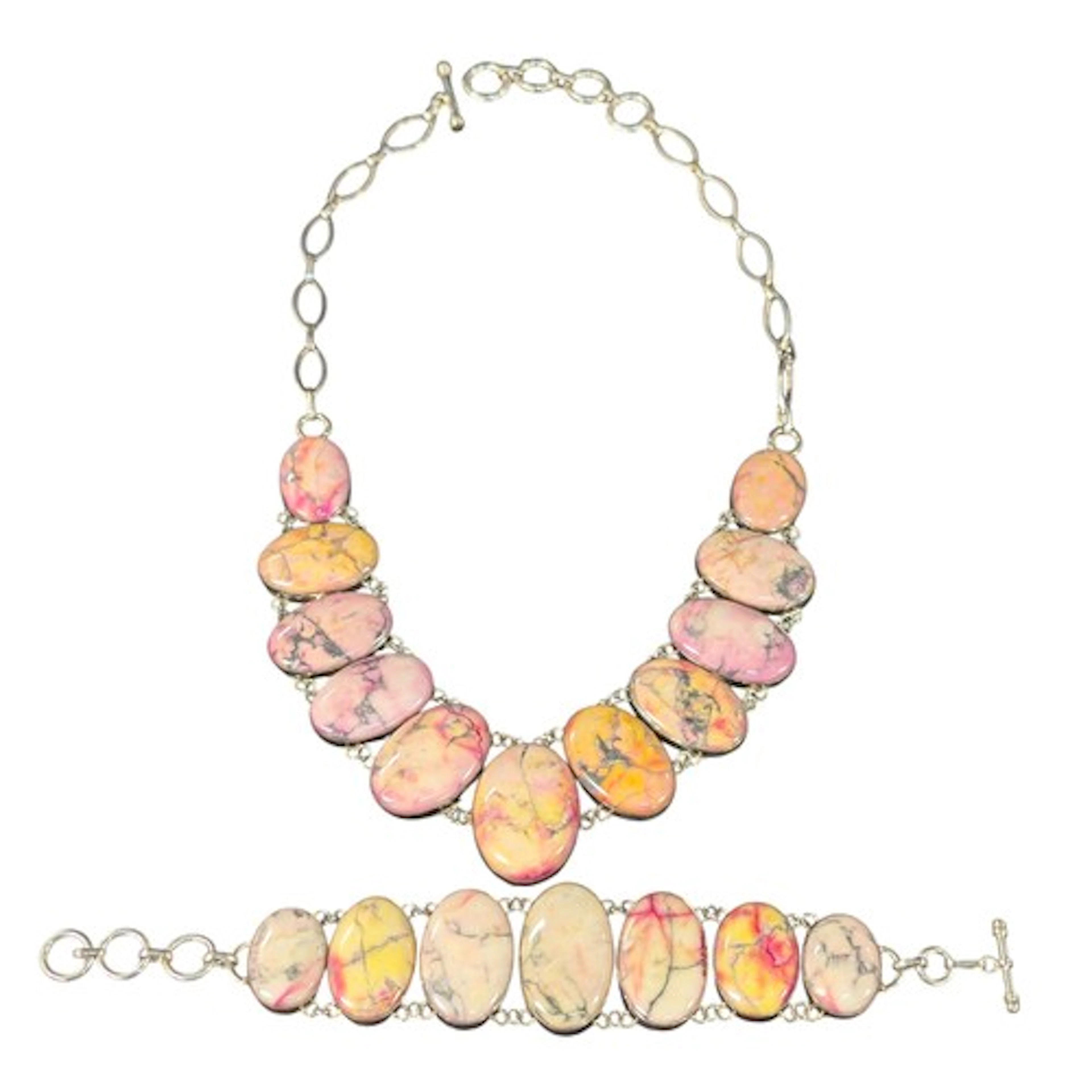 A rhodochrosite or rhodonite cabochon multi panel necklace a...