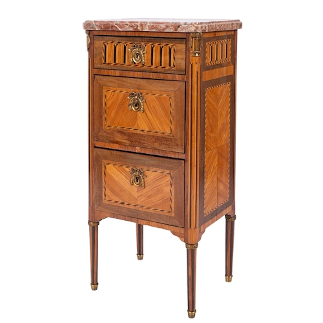 A Louis XVI style marble topped pot cupboard, early 20th Cen...