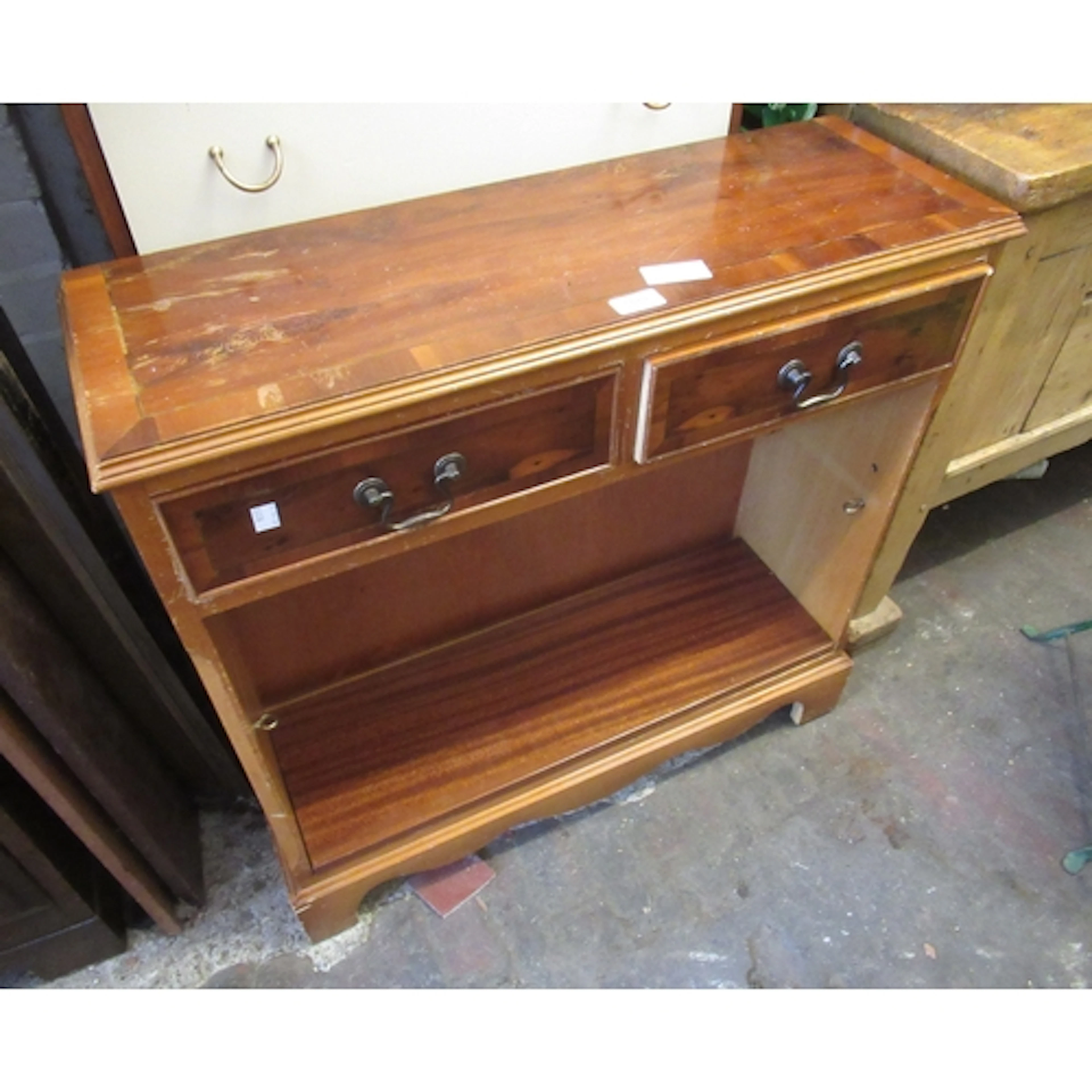 Small reproduction yew wood open bookcase, together with thr...