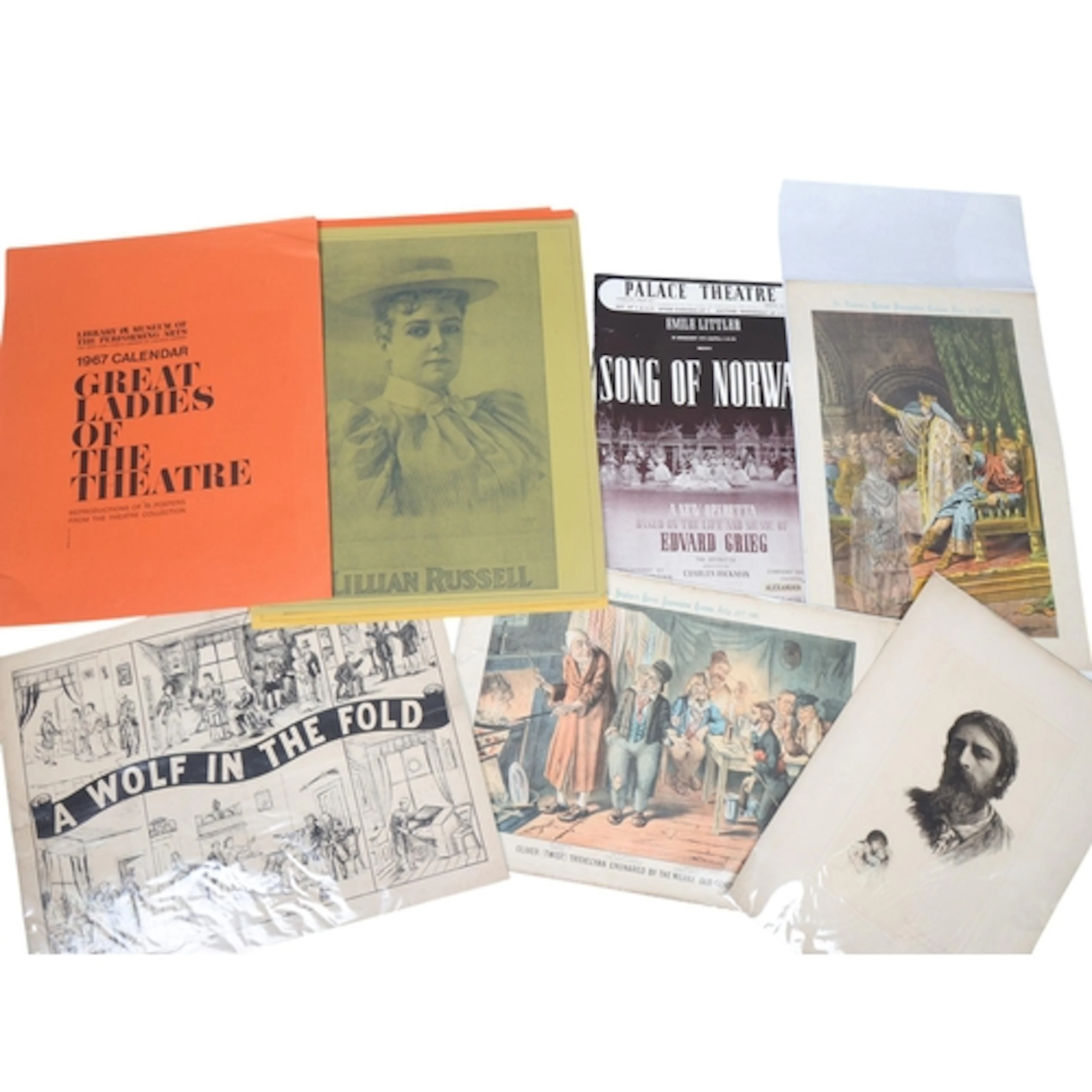 A collection of prints and posters showing theatrical scenes...