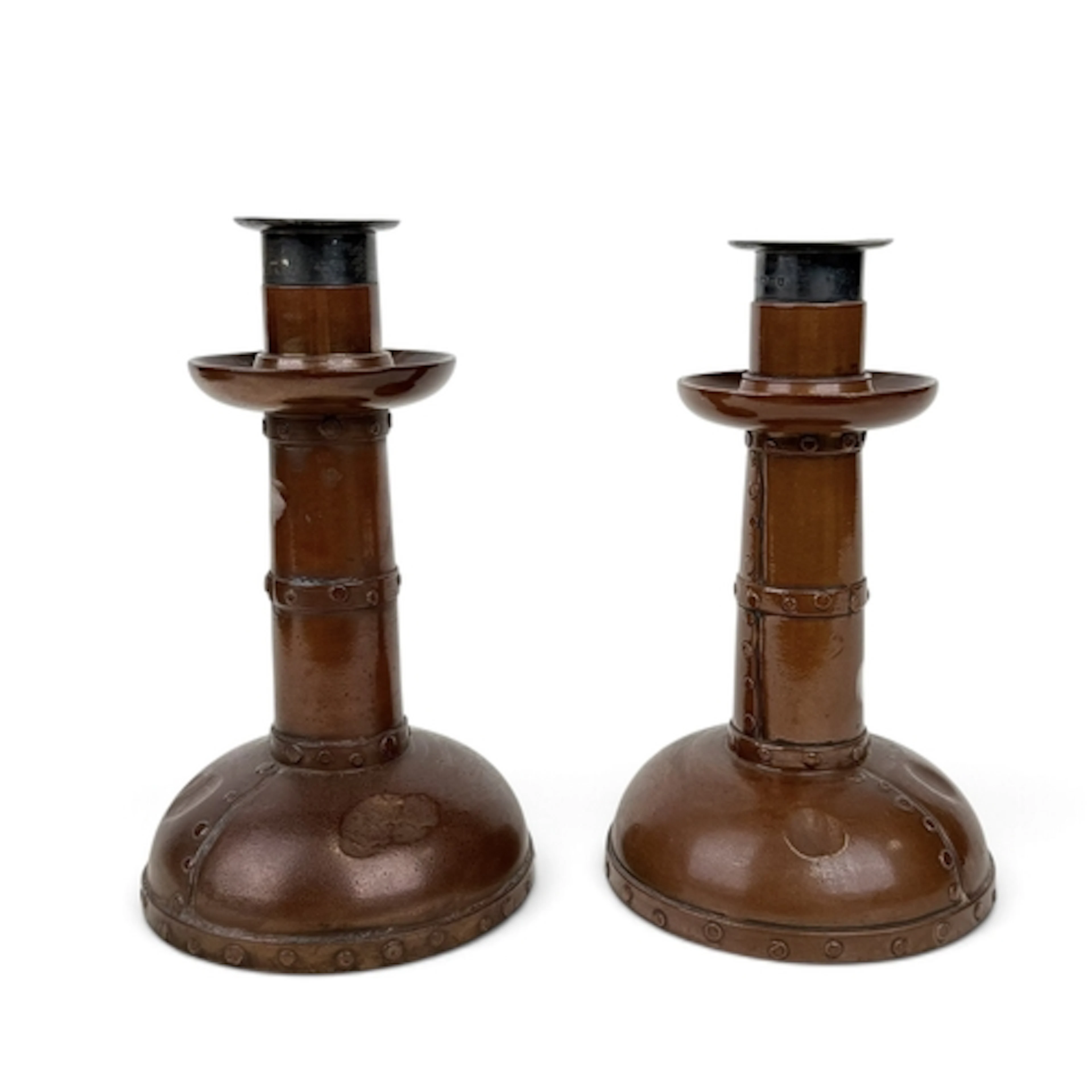 A PAIR OF DOULTON LAMBETH SILICON WARE SILVER MOUNTED CANDLE...