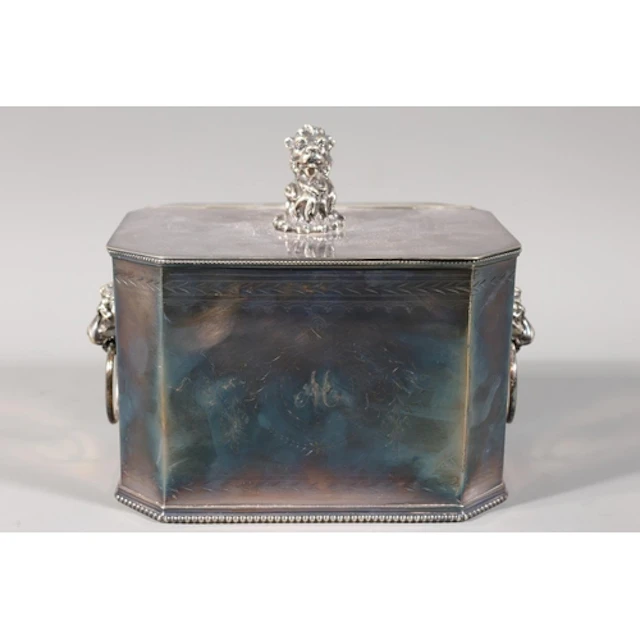 Oversize silver plated tea caddy having lion mask finial and...