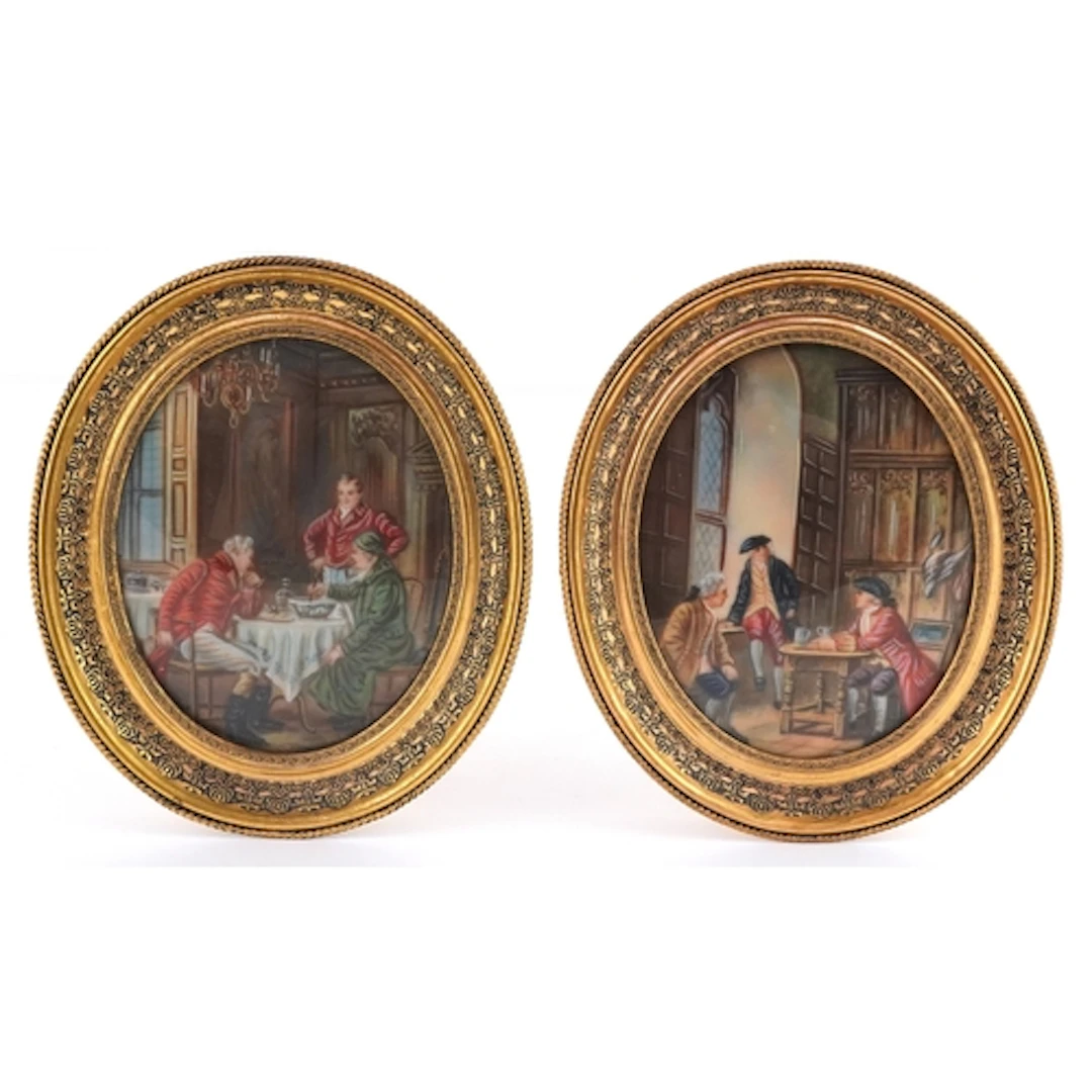 Pair of oval hand painted portrait miniatures of three gentl...