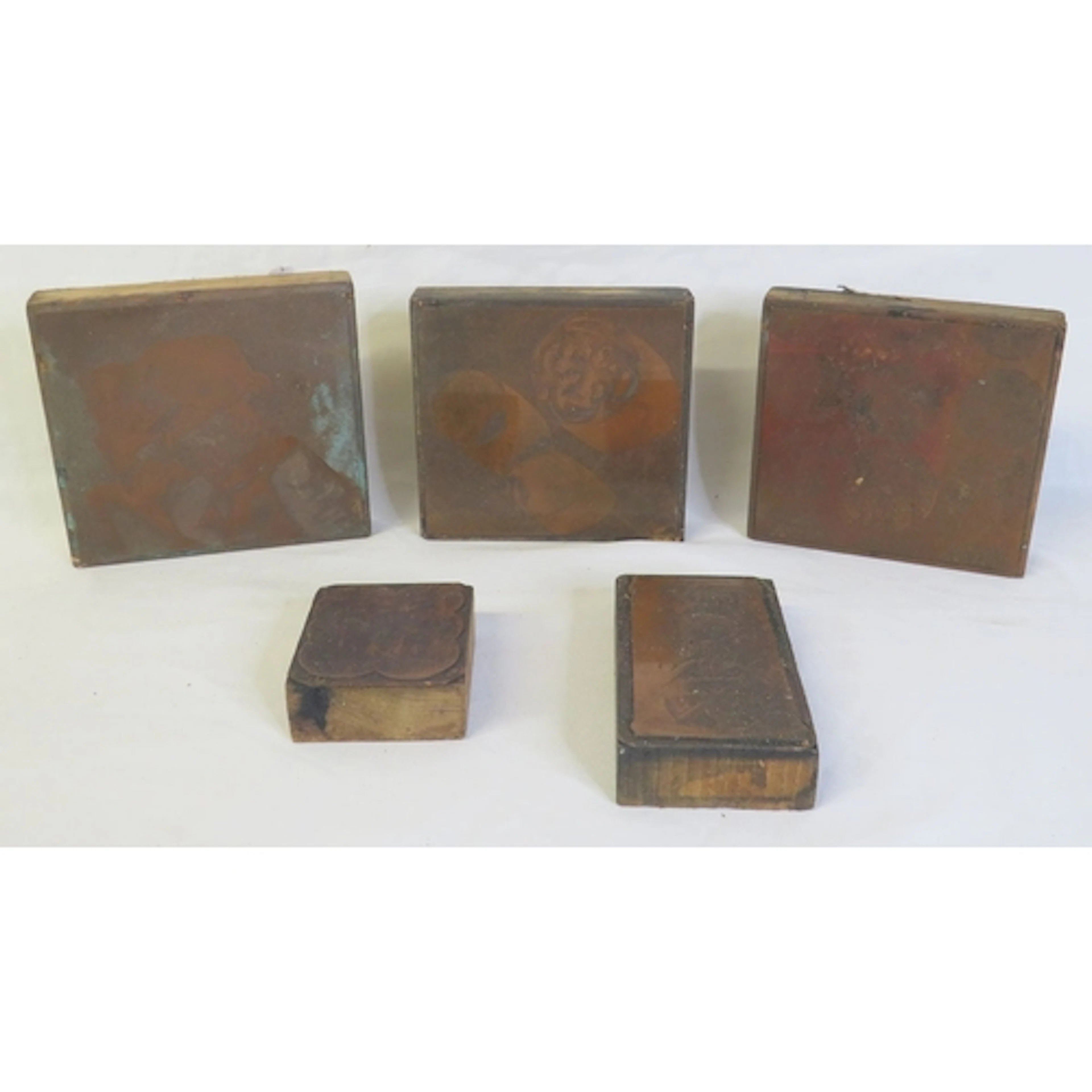 5 Copper Plate Printing Blocks incl. images of coins, jars e...