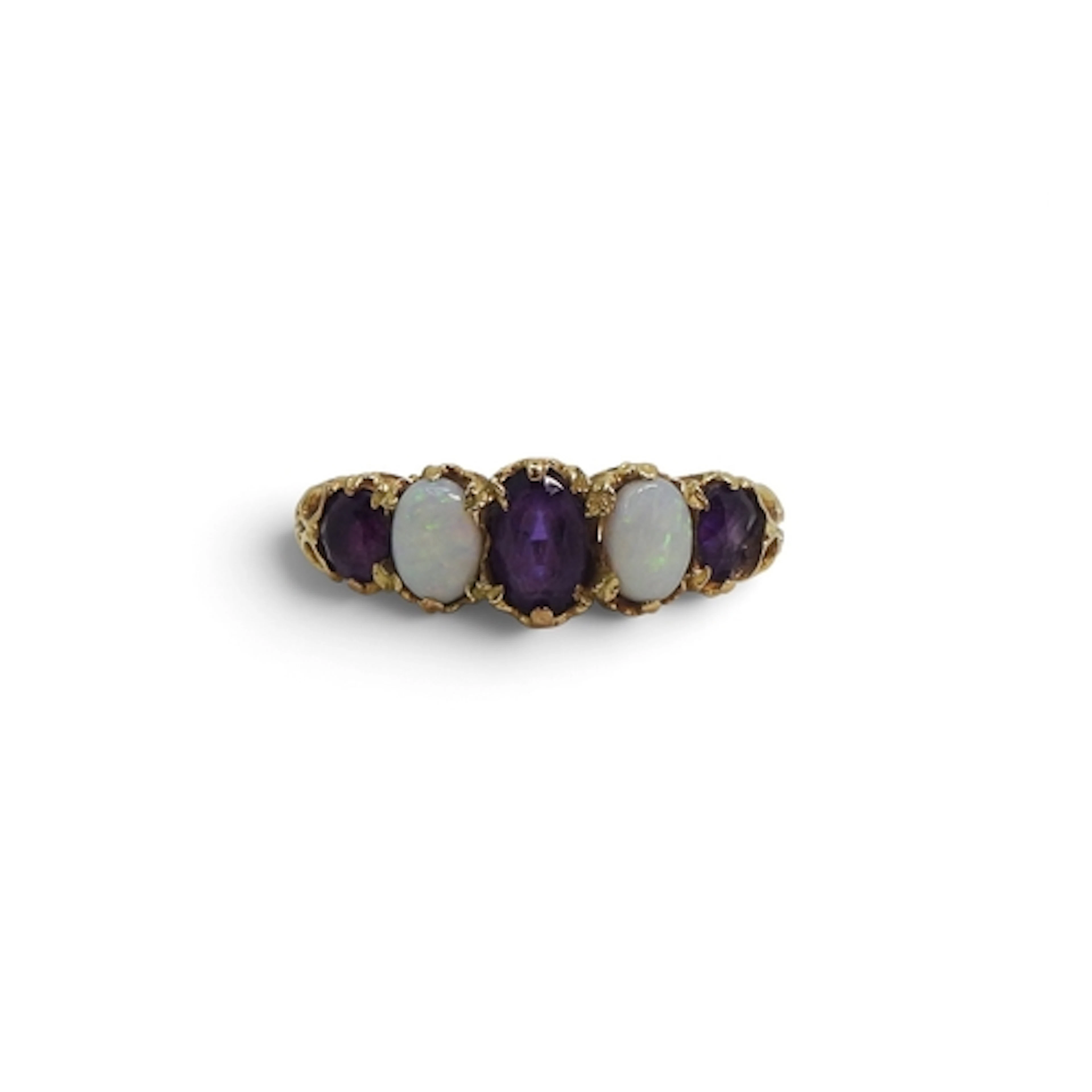 A 9ct gold amethyst and opal ring, with a traditional Victor...