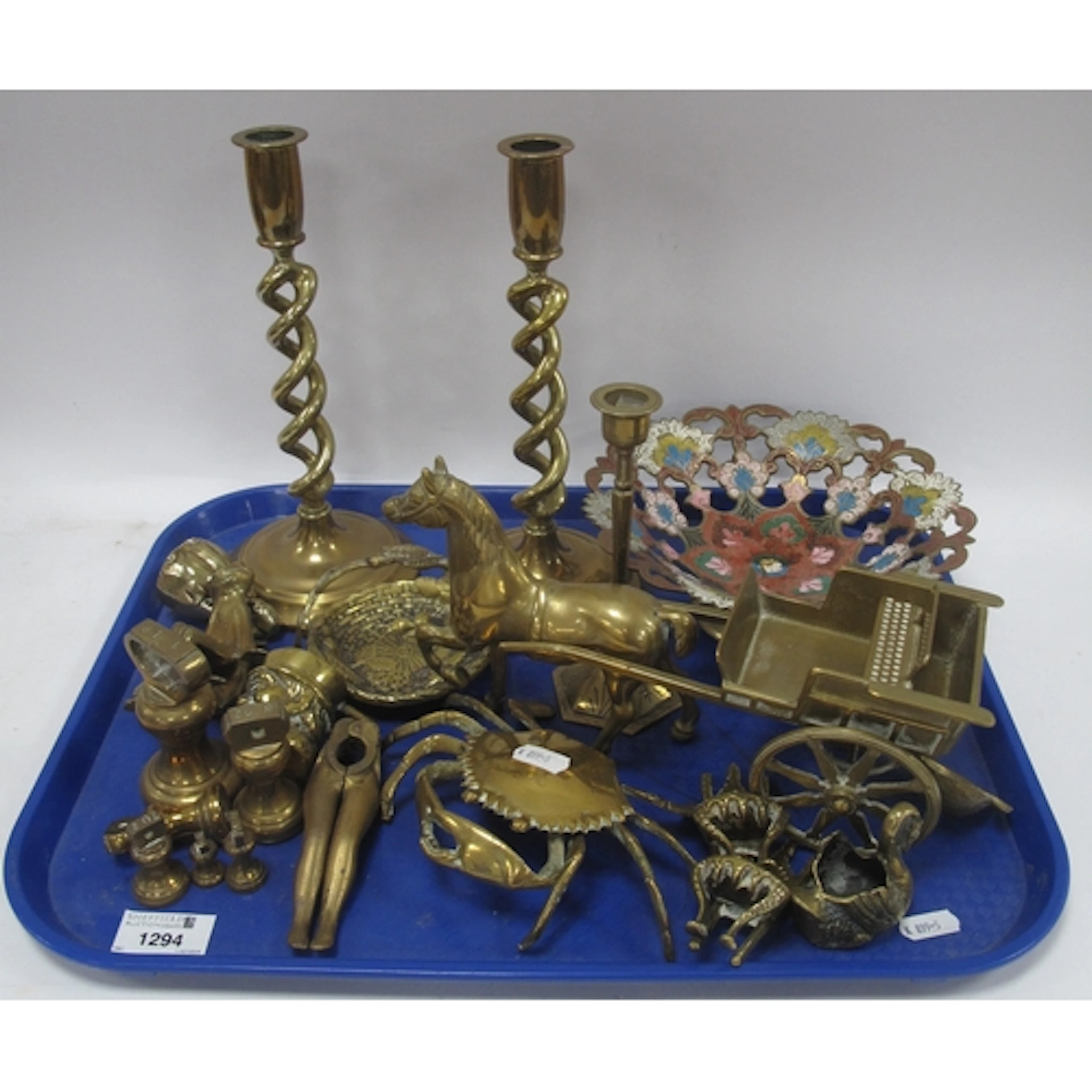 Brassware, including a pair of Victorian-style open barley-t...