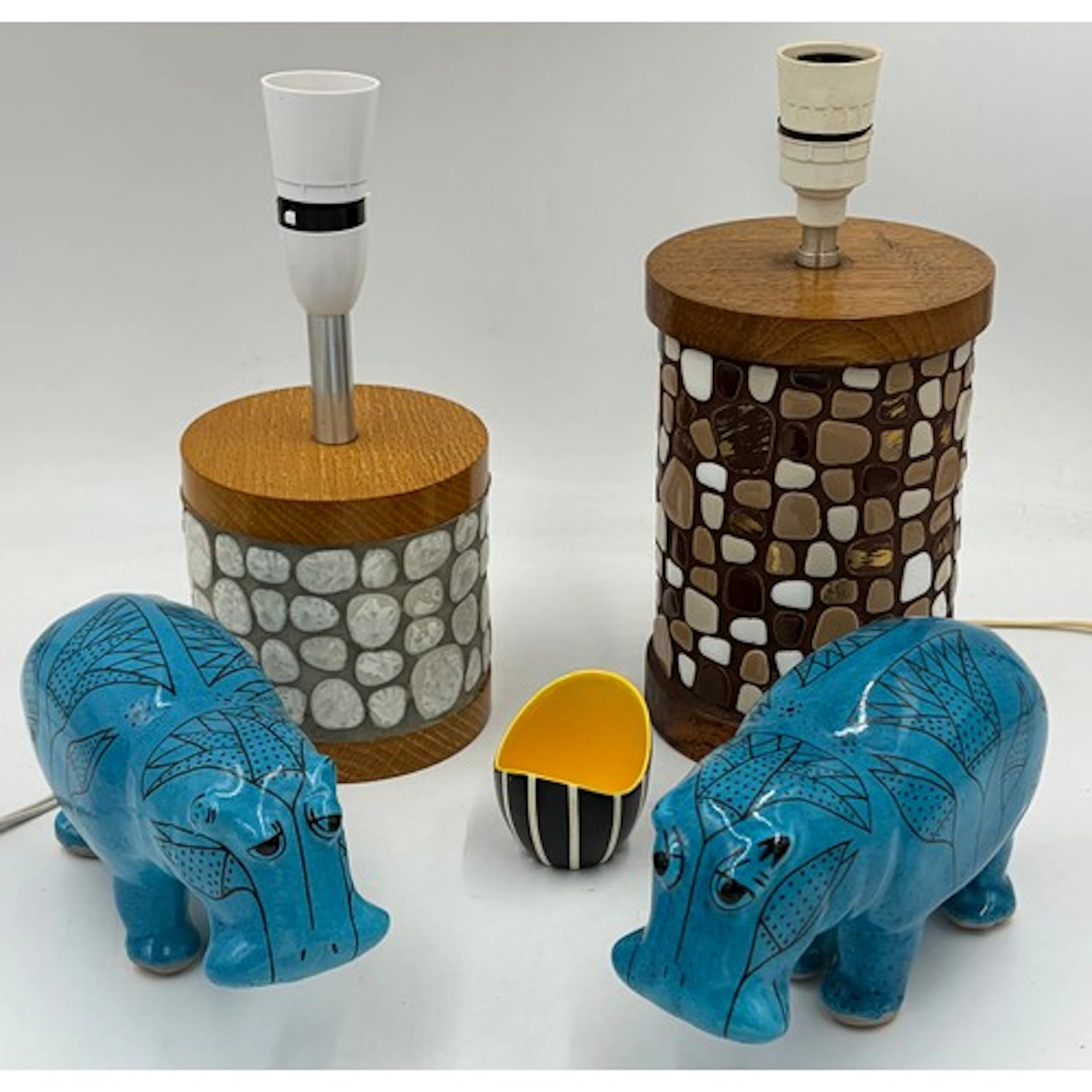 Two vintage mosaic lamp bases with wooden tops and bases, la...
