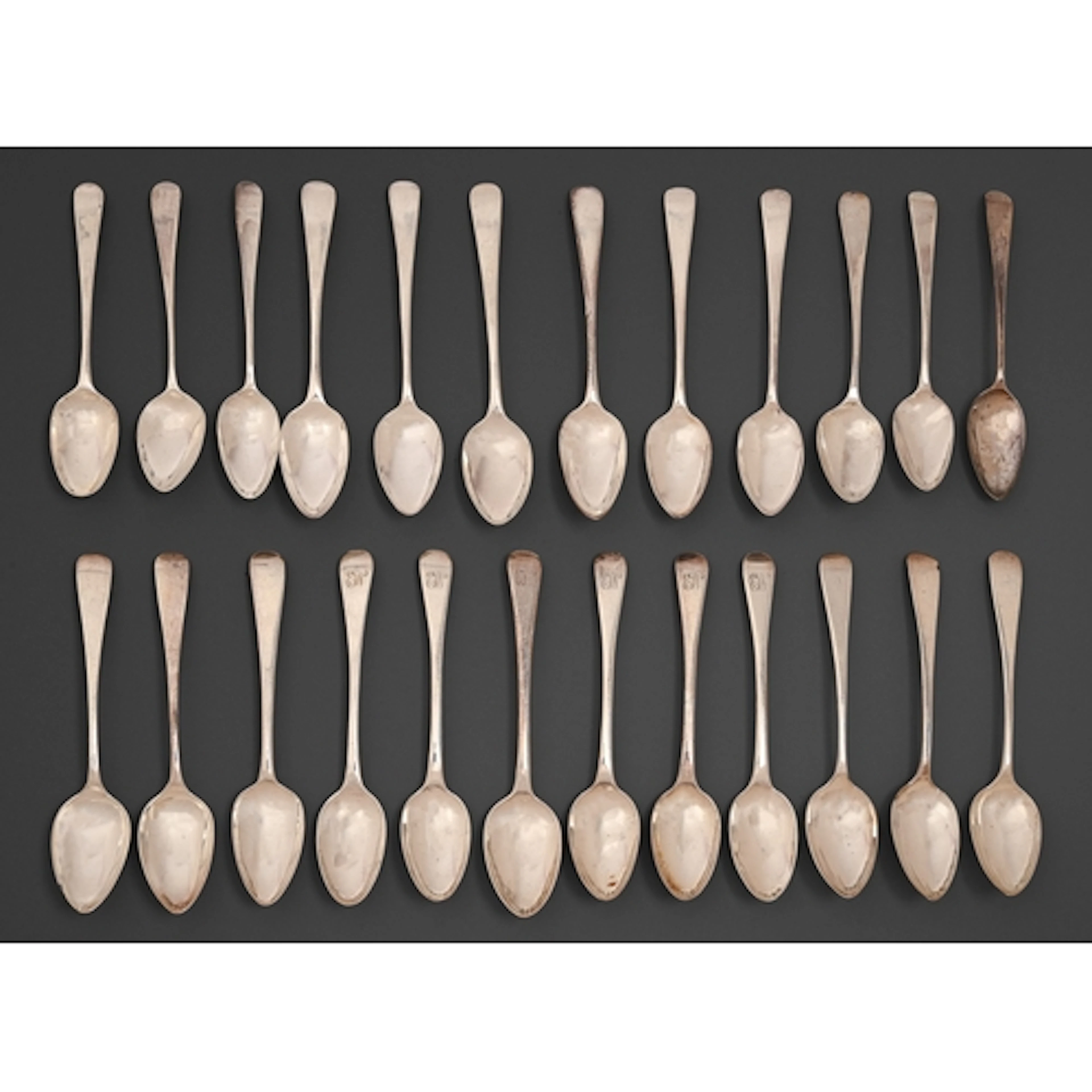 Twenty-four silver teaspoons, George III and early 19th c, O...