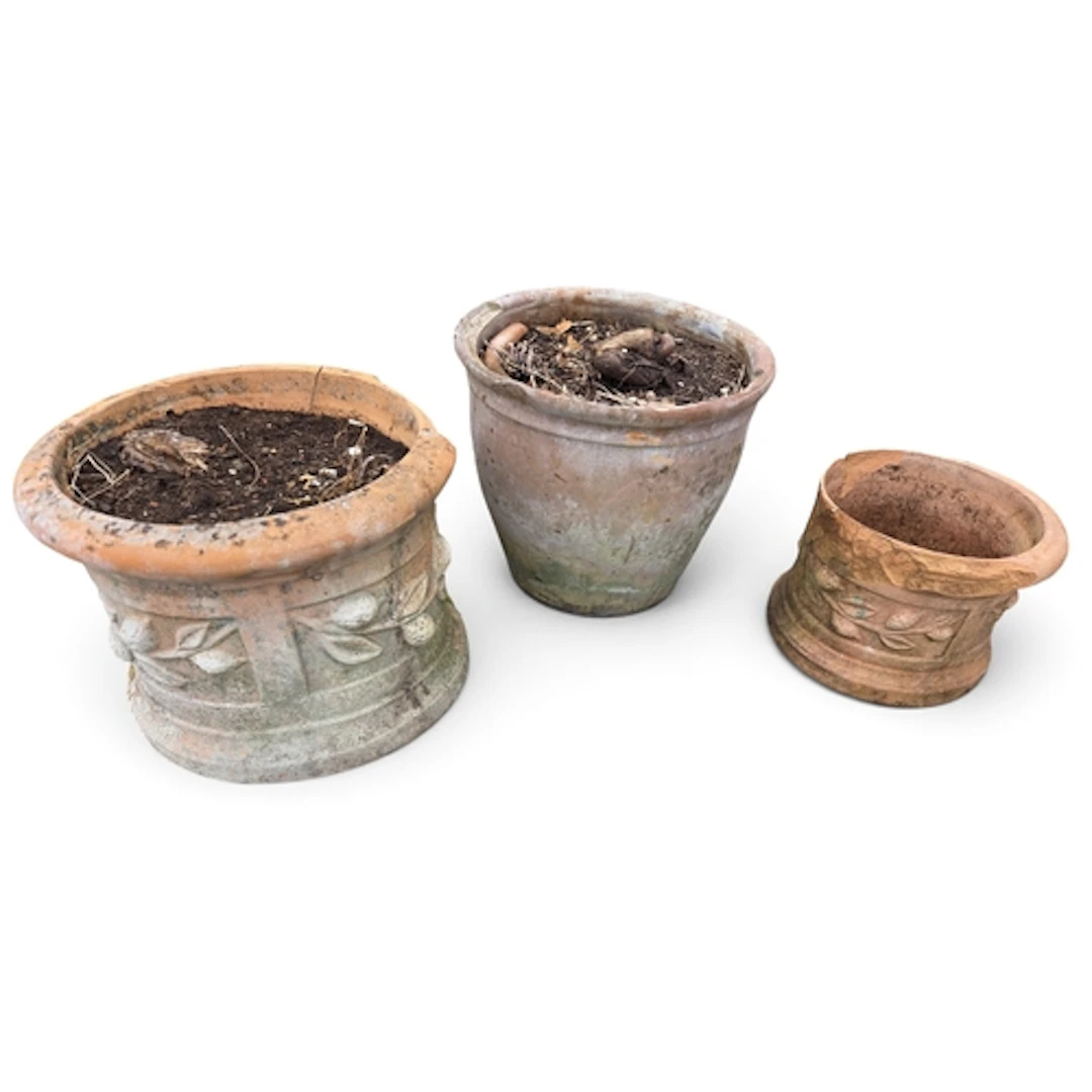 Three Terracotta Planters (af). LB D 39 x H 34 cm approx.