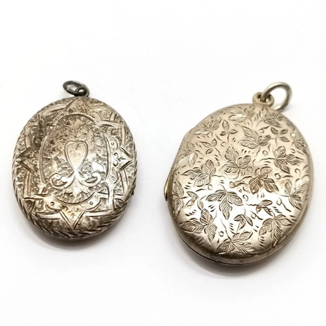 2 x antique unmarked silver locket pendants - largest 4cm dr...