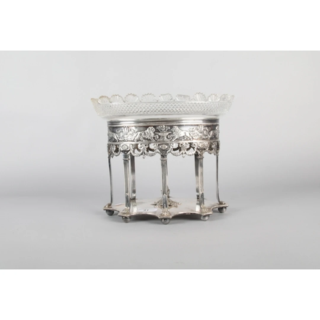 Victorian EPNS table centrepiece, the oval cut glass bowl r...
