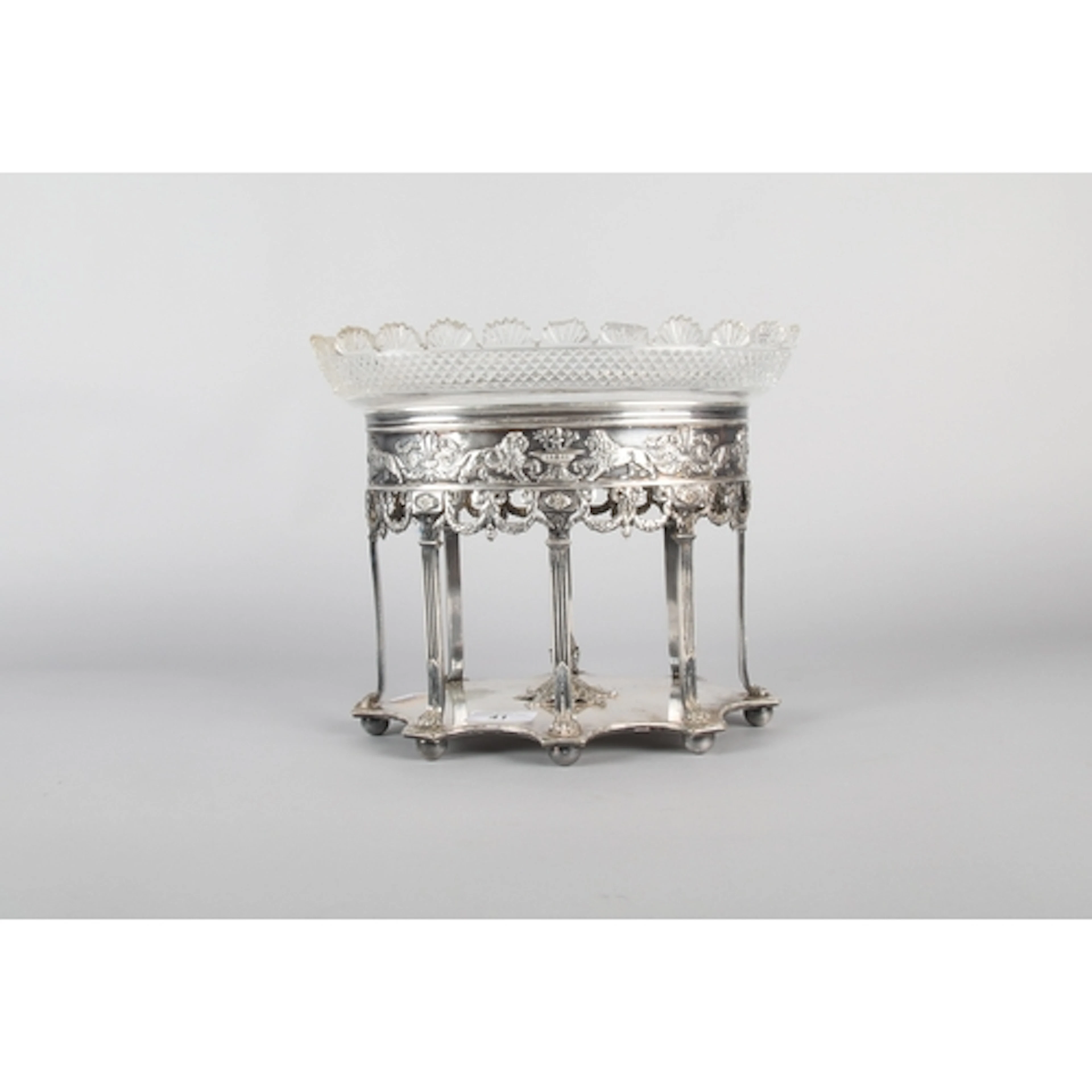 Victorian EPNS table centrepiece, the oval cut glass bowl r...