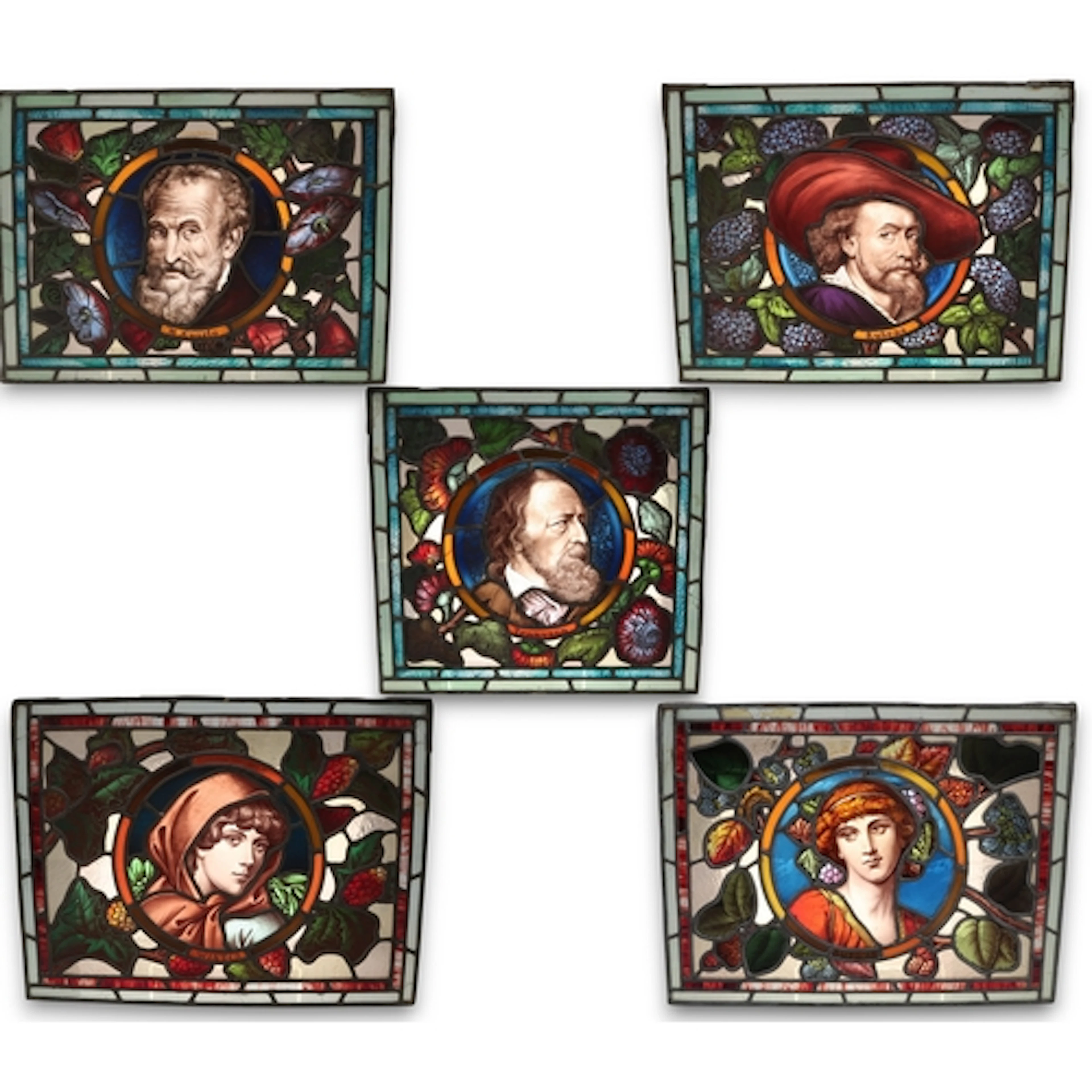 A GROUP OF ARTS AND CRAFTS STAINED, PAINTED AND LEADED GLASS...