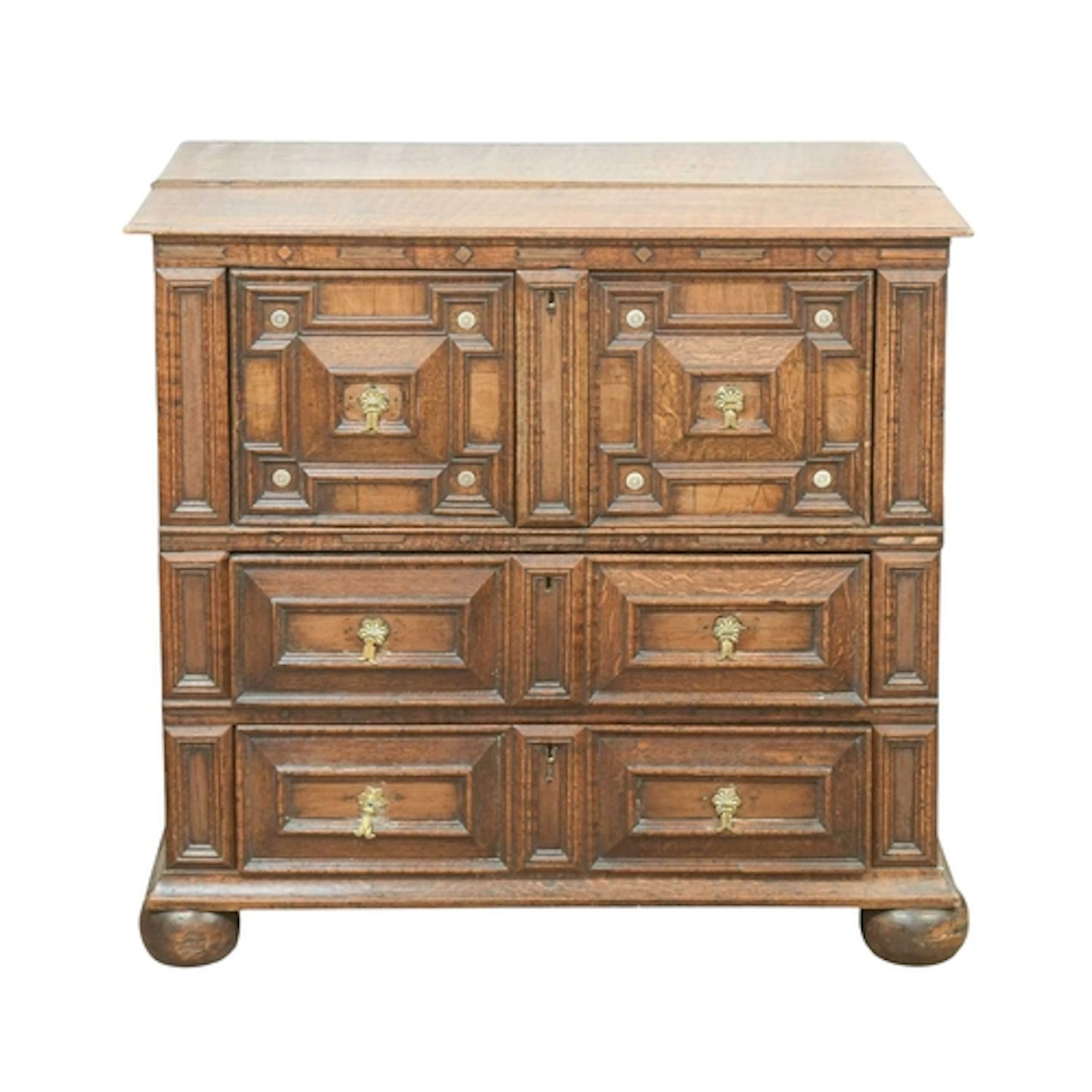 A 17th century oak and fruitwood veneered chest. Converted, ...