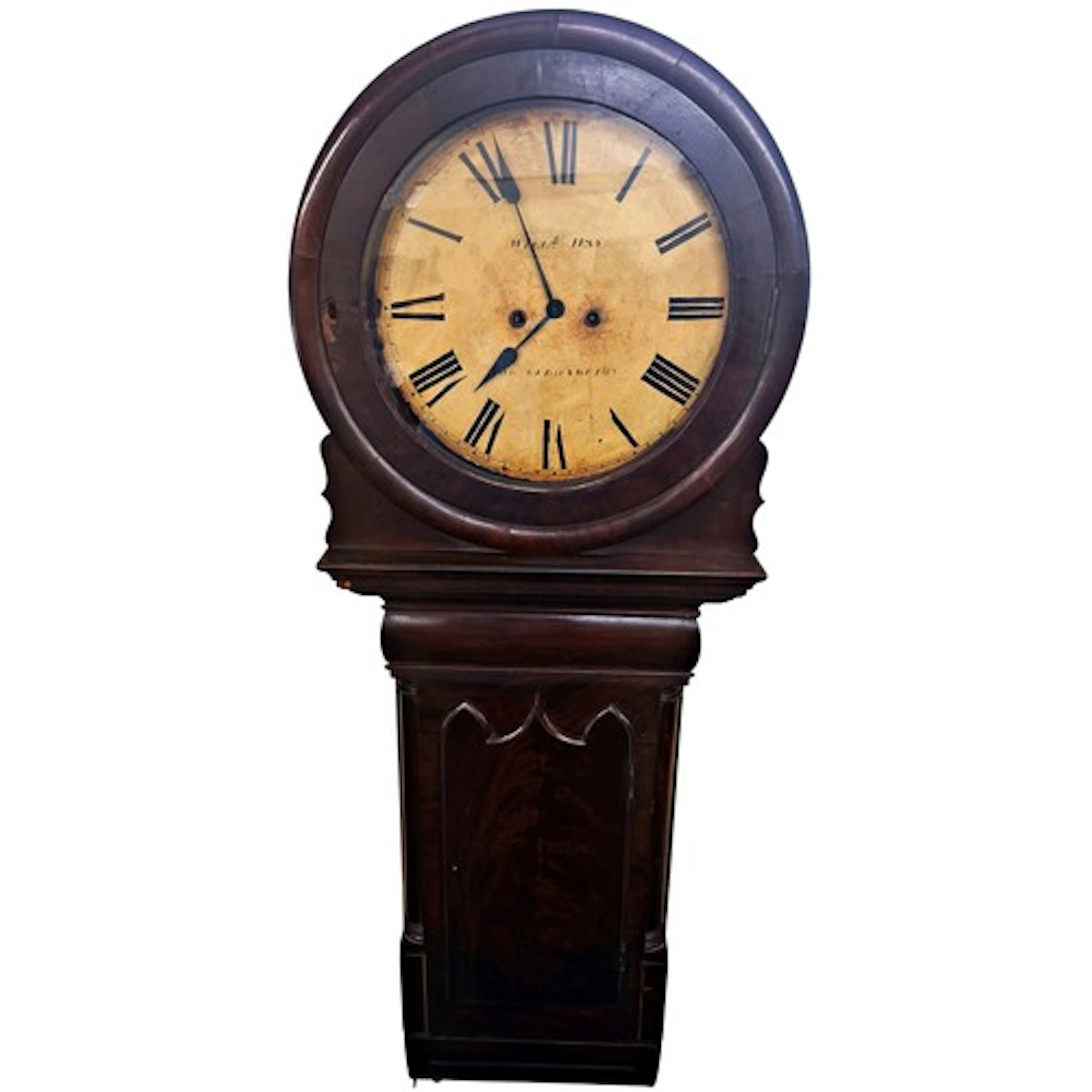 A Regency mahogany wall mounted dial clock with a three quar...