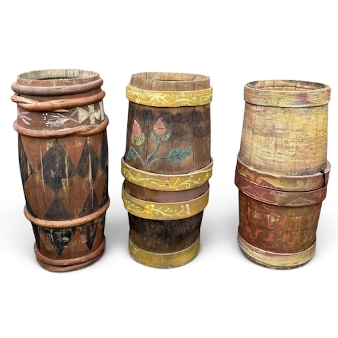 THREE PAINTED BARRELS 53cm H