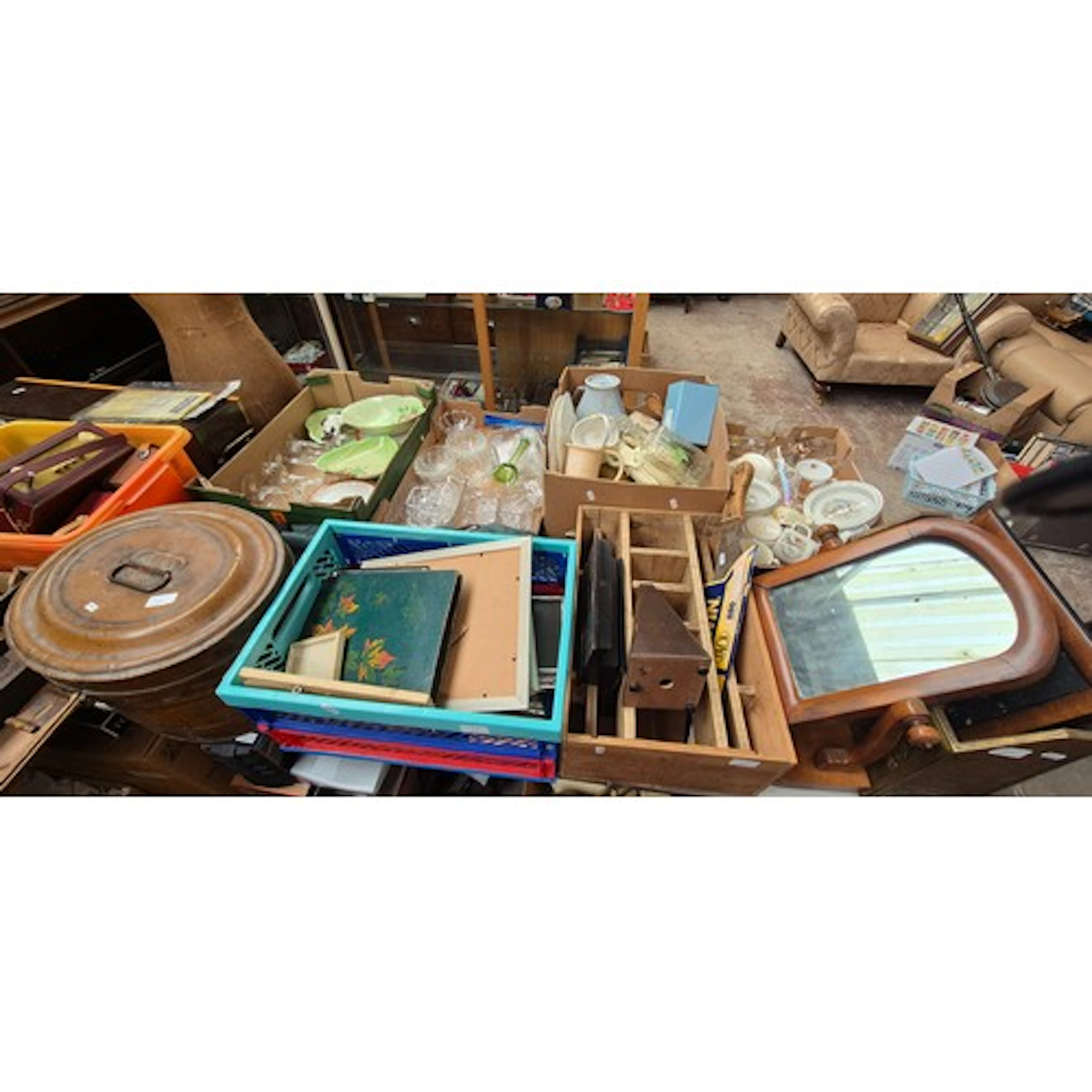 A table top of mixed items to include 3 boxes of ceramics, a...