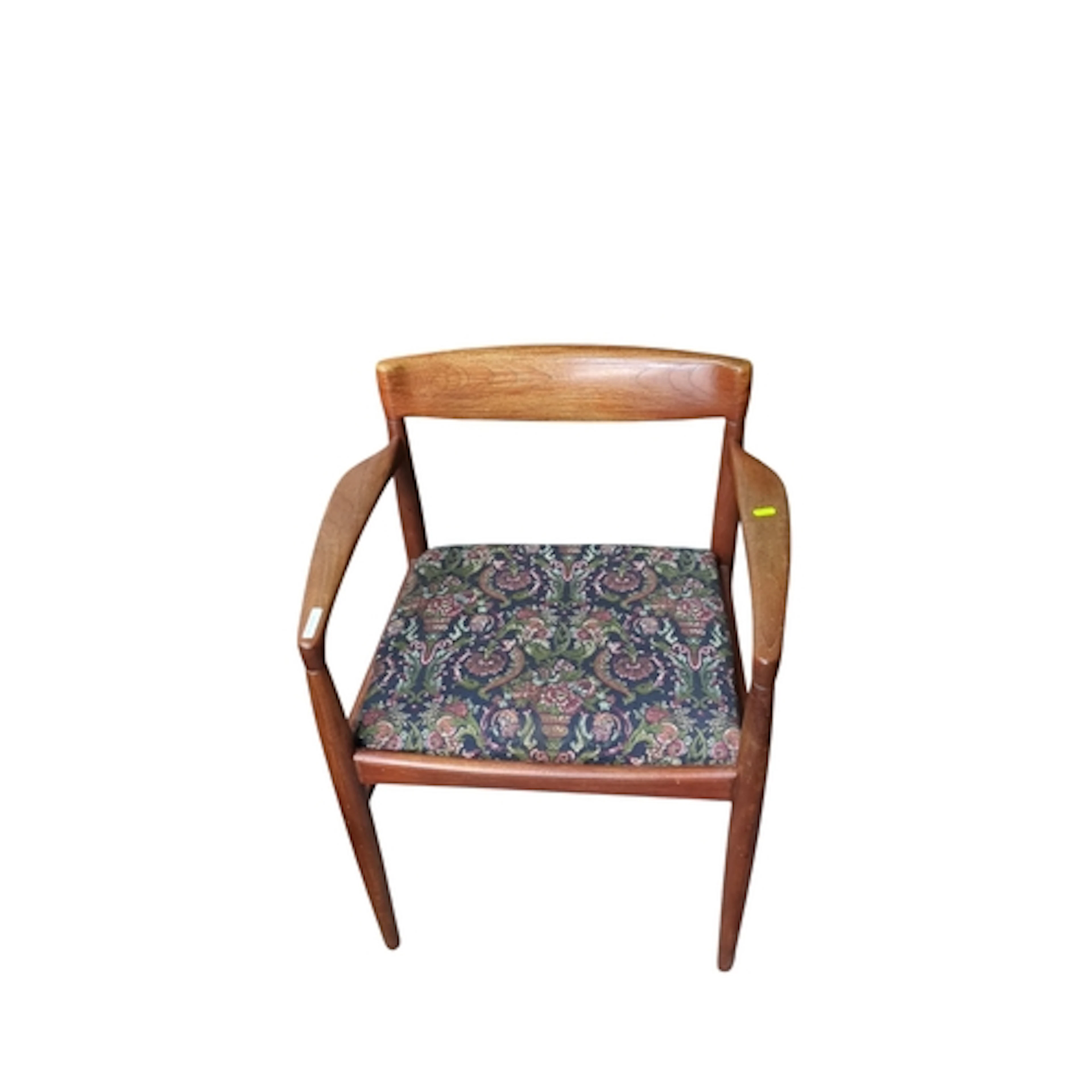 Mid-century teak armchair with a curved crest rail, sculpted...