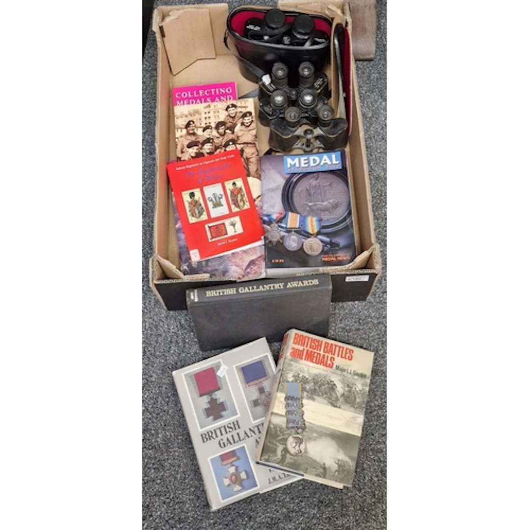 Box of militaria, including four pairs of binoculars: two Ca...