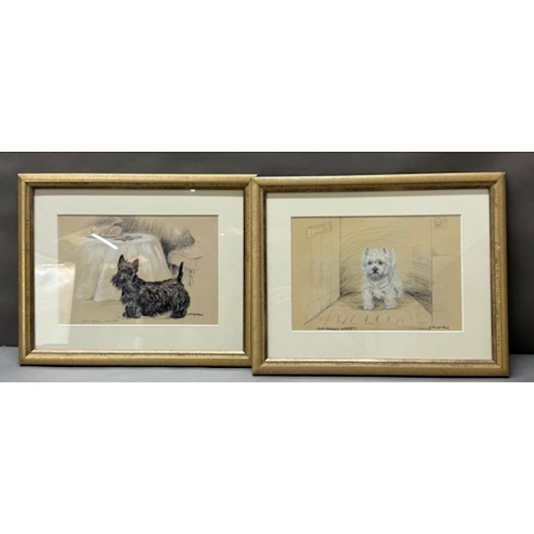 Two framed prints of terriers by Gill Evans. 40x30 cms...