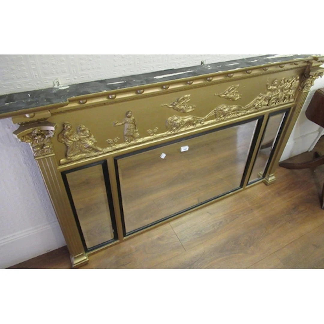 Large regency rectangular gilt framed triple plate overmante...