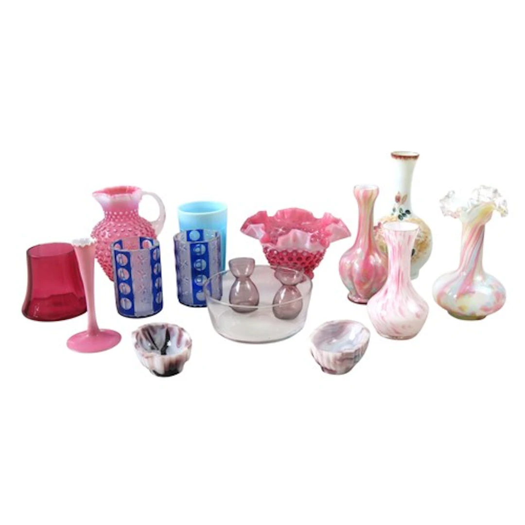 A COLLECTION OF VINTAGE COLOURED GLASS WARE the lot includes...