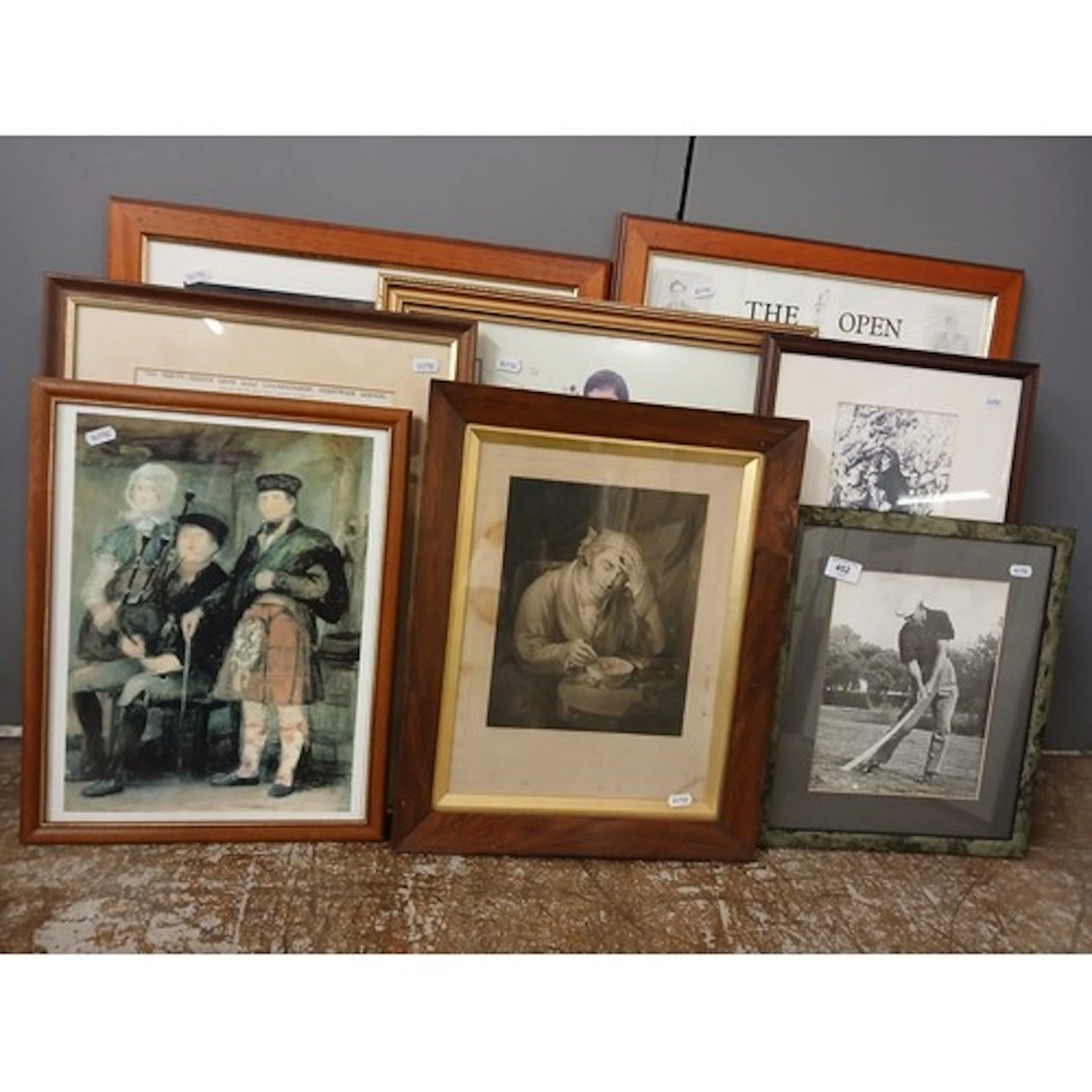 Six framed golf prints with two others (8)