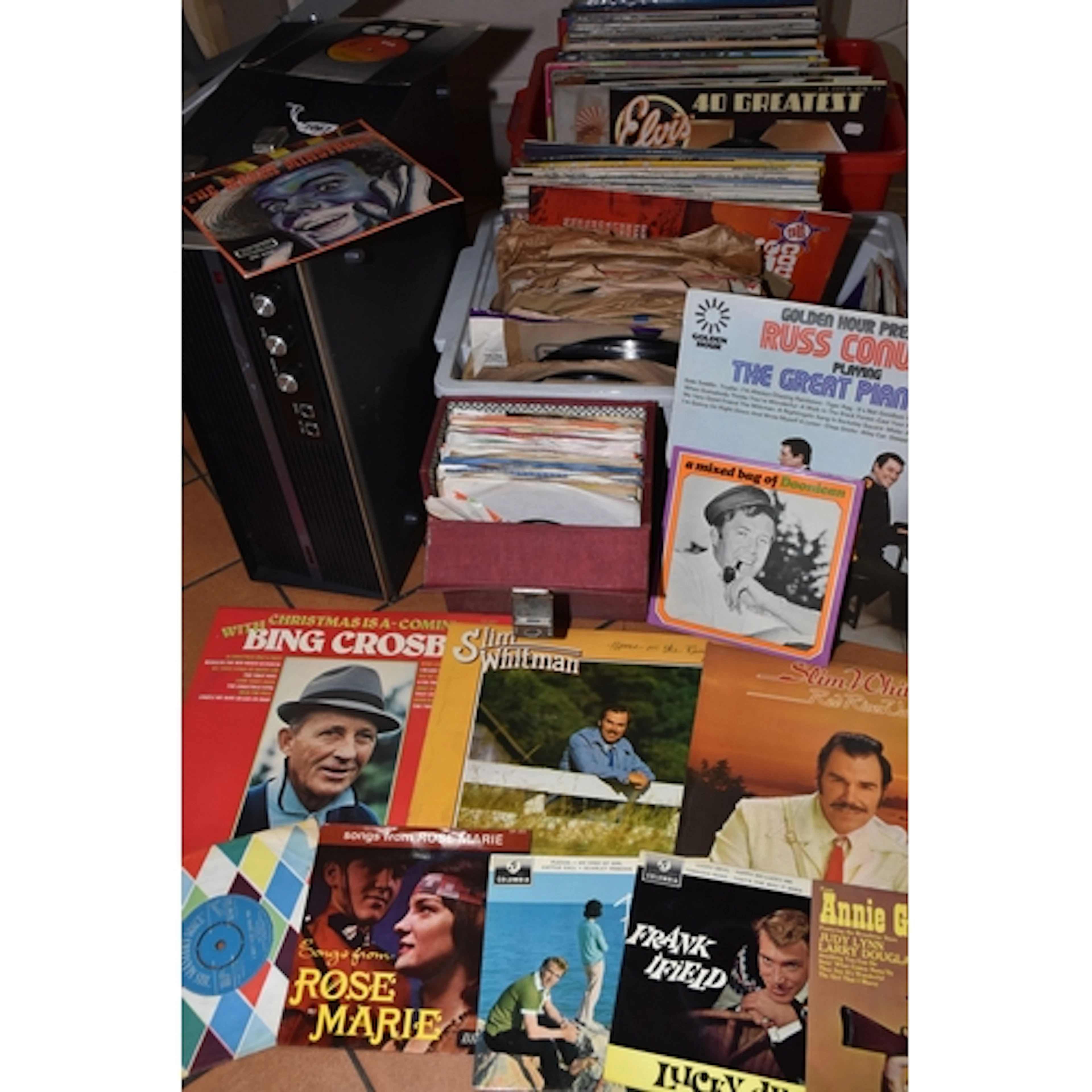 3 BOXES AND LOOSE OF VINYL RECORDS AND A VINTAGE BUSH RP60 R...