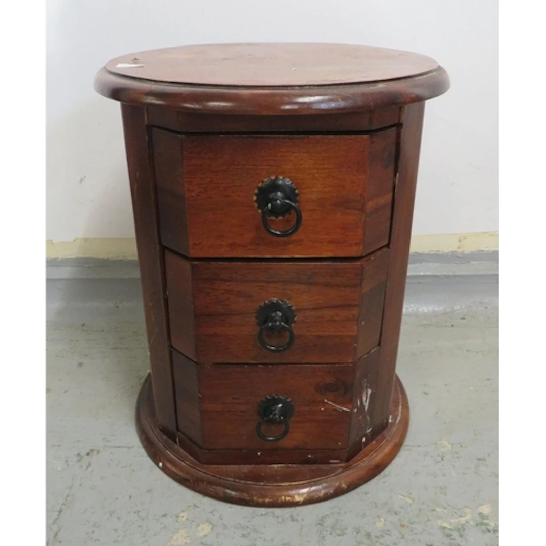 Dark Wooden 3 Drawer Drum Chest with black metal ring pull h...