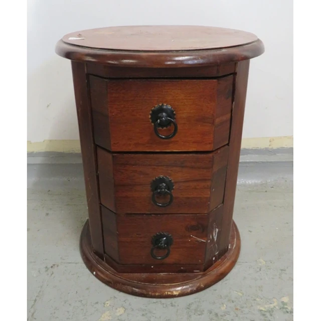 Dark Wooden 3 Drawer Drum Chest with black metal ring pull h...