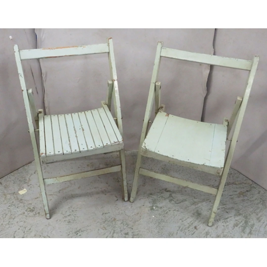 2 Vintage Green Folding Seats, slatted seated & solid bases ...