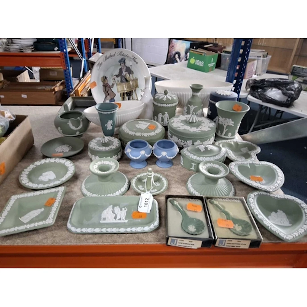 A SMALL COLLECTION OF MOSTLY SAGE GREEN WEDGWOOD JASPERWARE ...