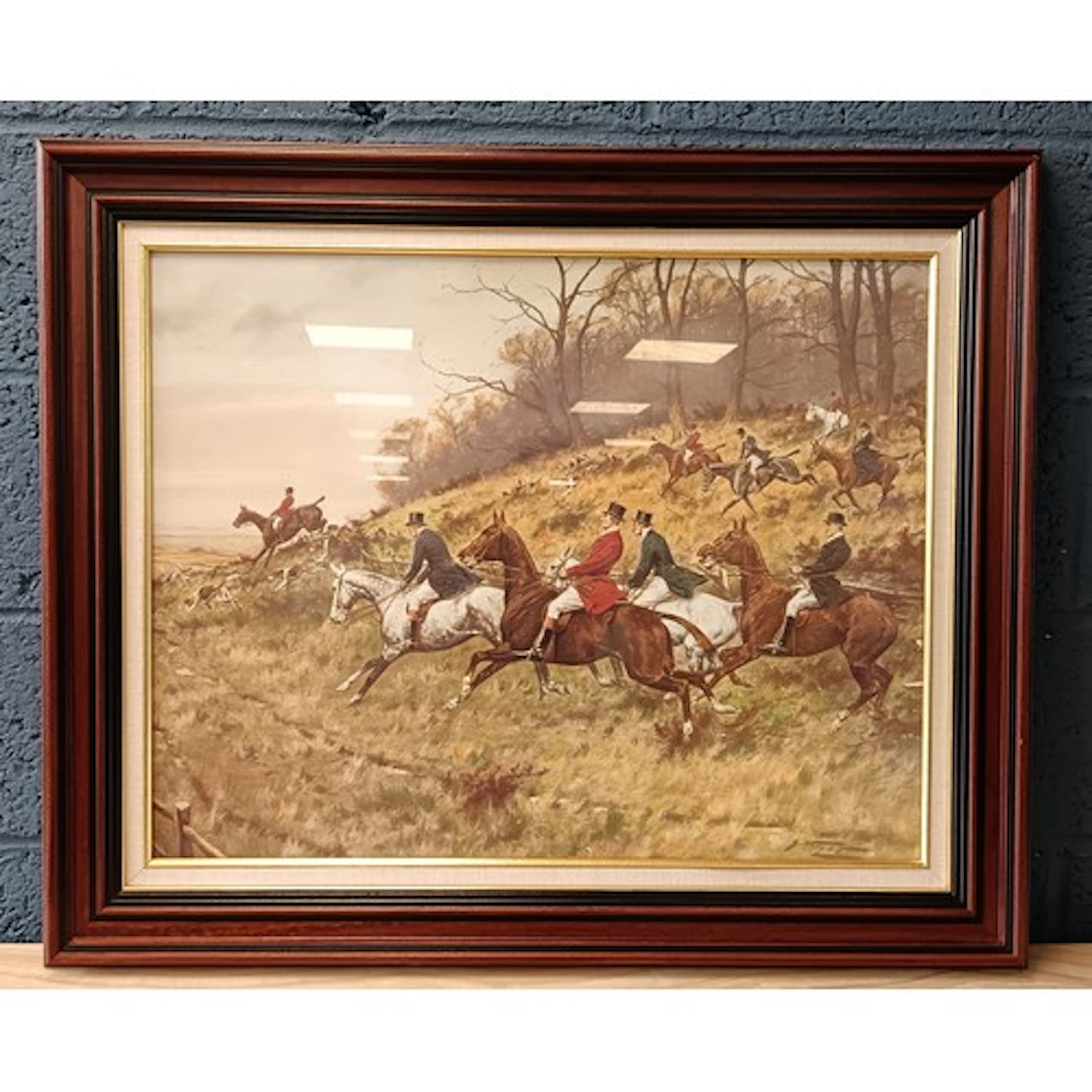 Framed equestrian hunting print, signed indistinctly; H: 75 ...