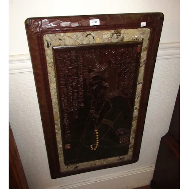 20th Century oriental rectangular carved panel, figure prayi...