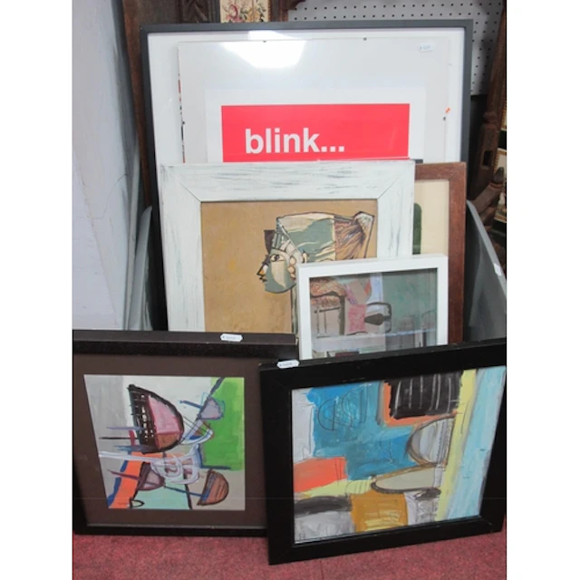 Framed artworks and prints, including four abstract oil and ...
