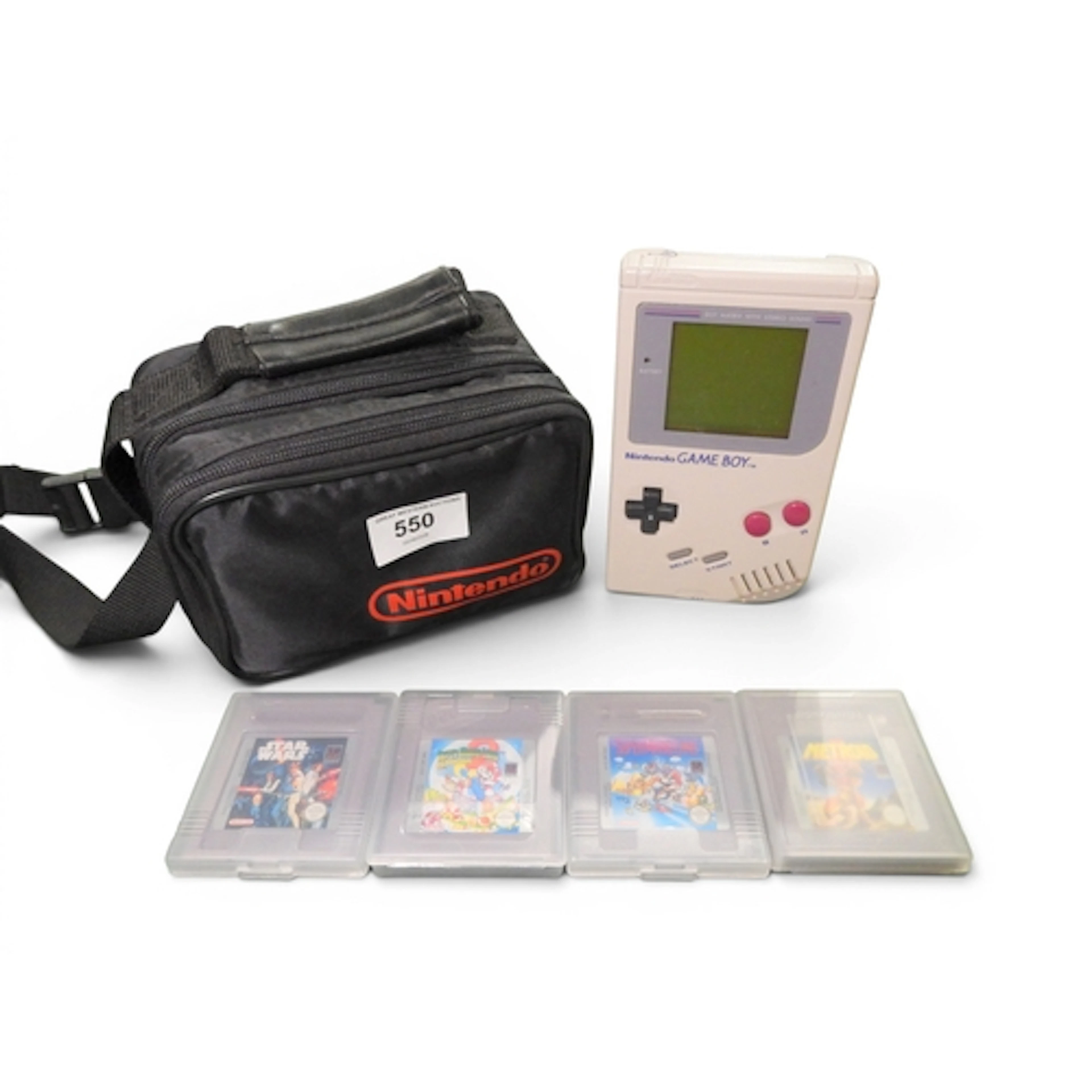 A vintage Nintendo Game Boy handheld console, with Metroid I...