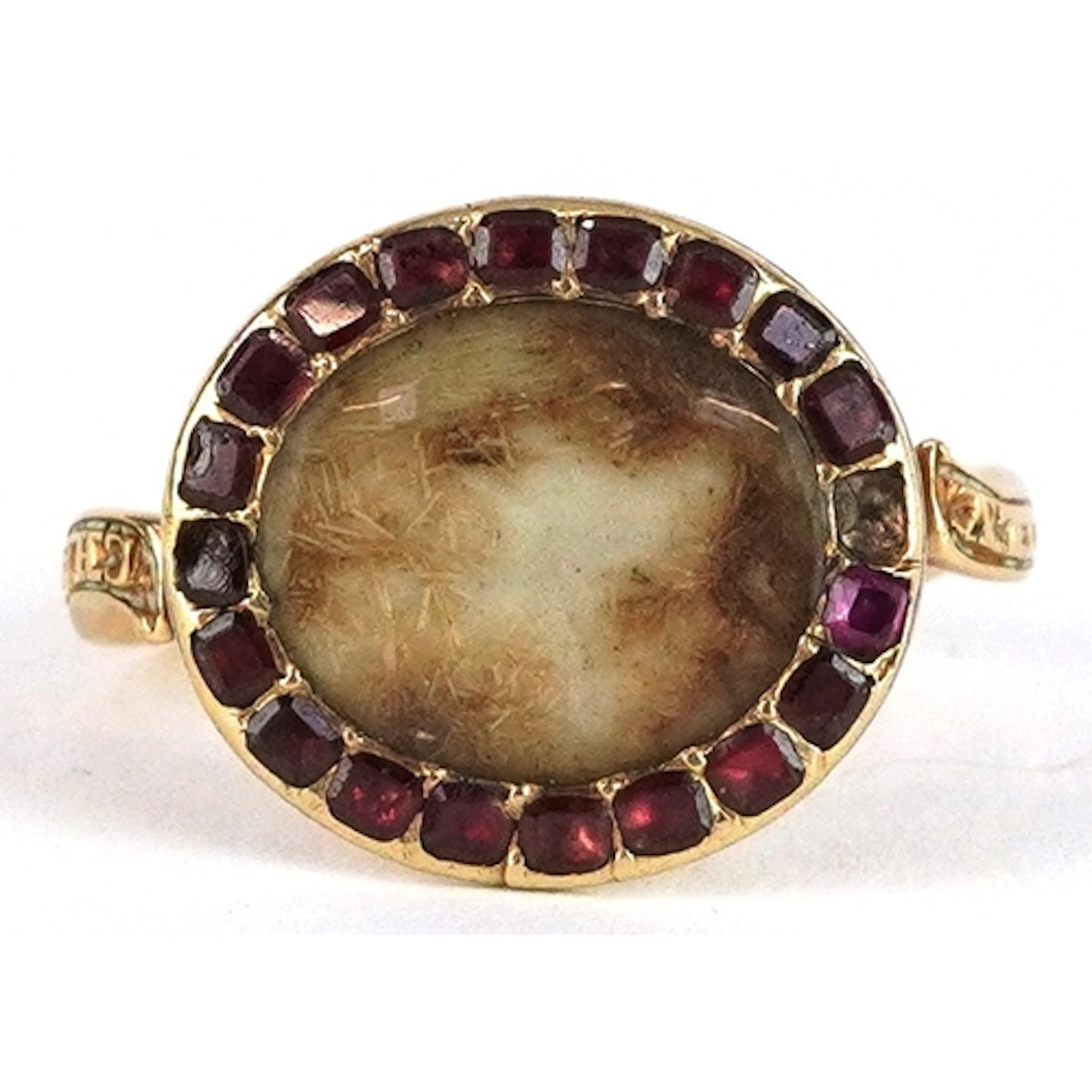 Antique unmarked gold and pink stone mourning ring with dior...