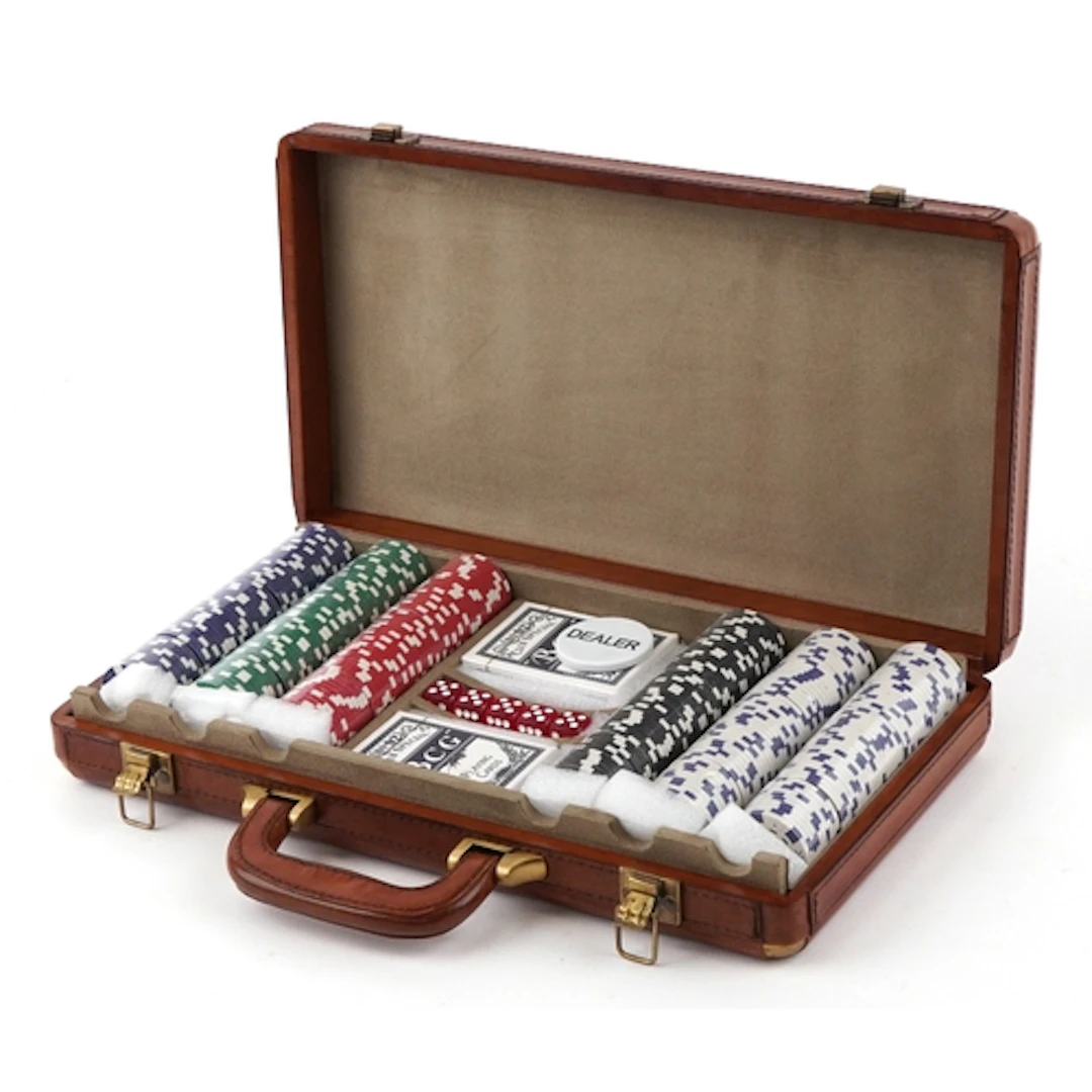 Brown leather cased travel poker set with suede interior, 7c...